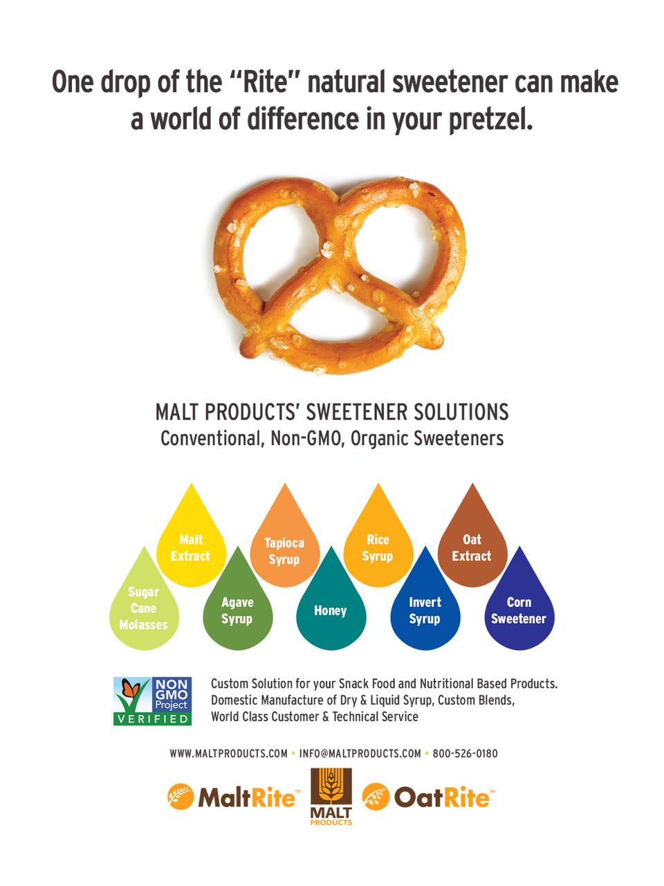 Full page ad, Pretzel, Icons, Liquid drops, Colorful, Non-GMO logo