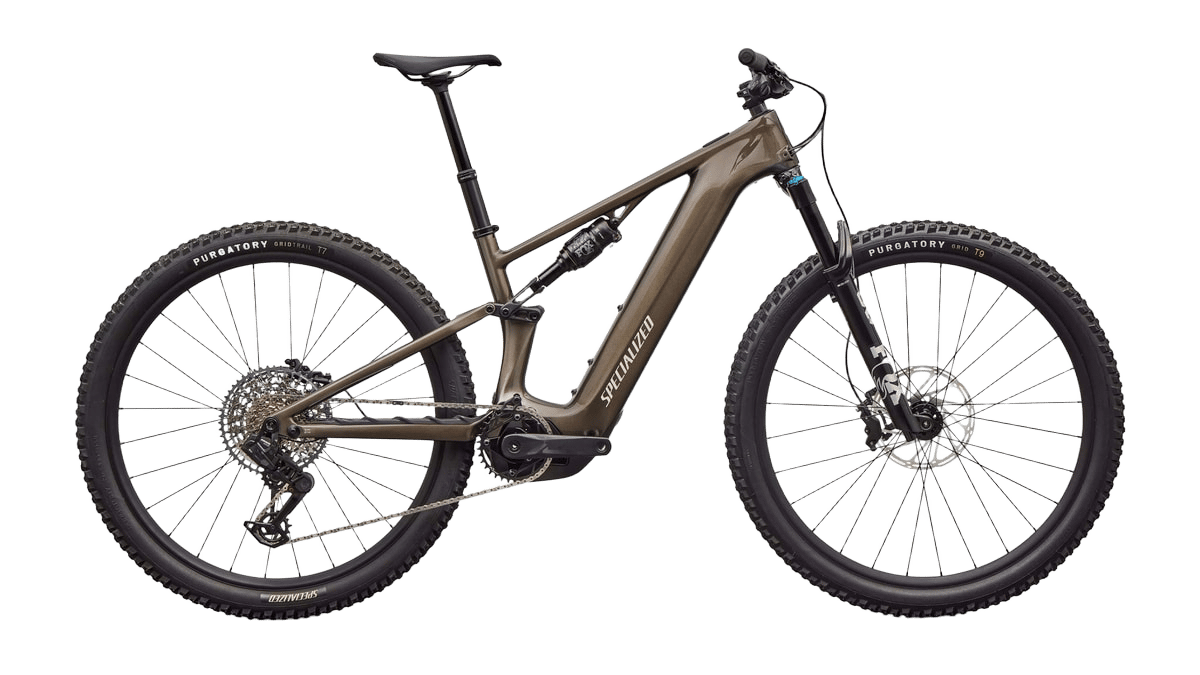 A brown full-suspension Specialized electric mountain bike on a white background, viewed from the side.