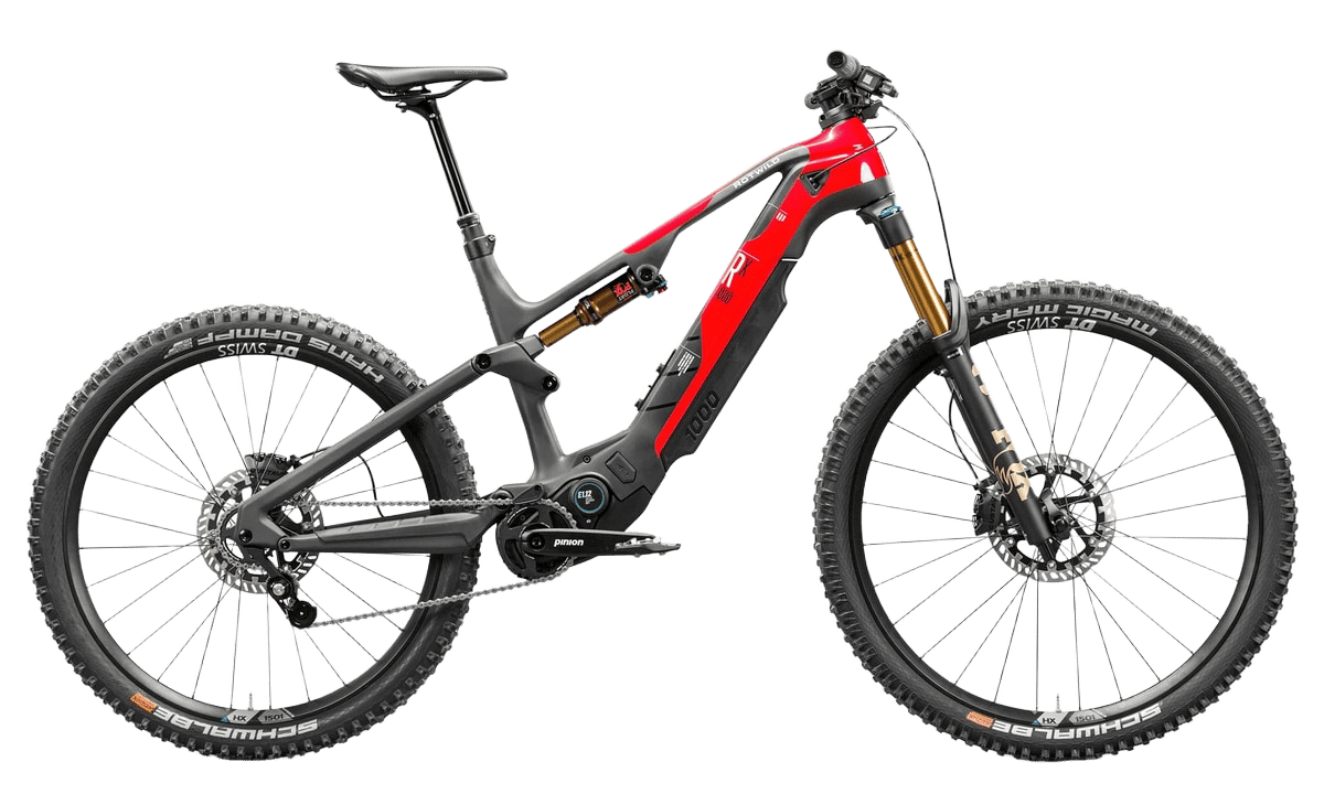 A striking red and black full-suspension electric mountain bike with gold fork accents.