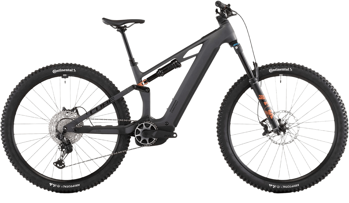 Dark grey full-suspension Cube e-mountain bike with Continental tires and Fox suspension on a white background.