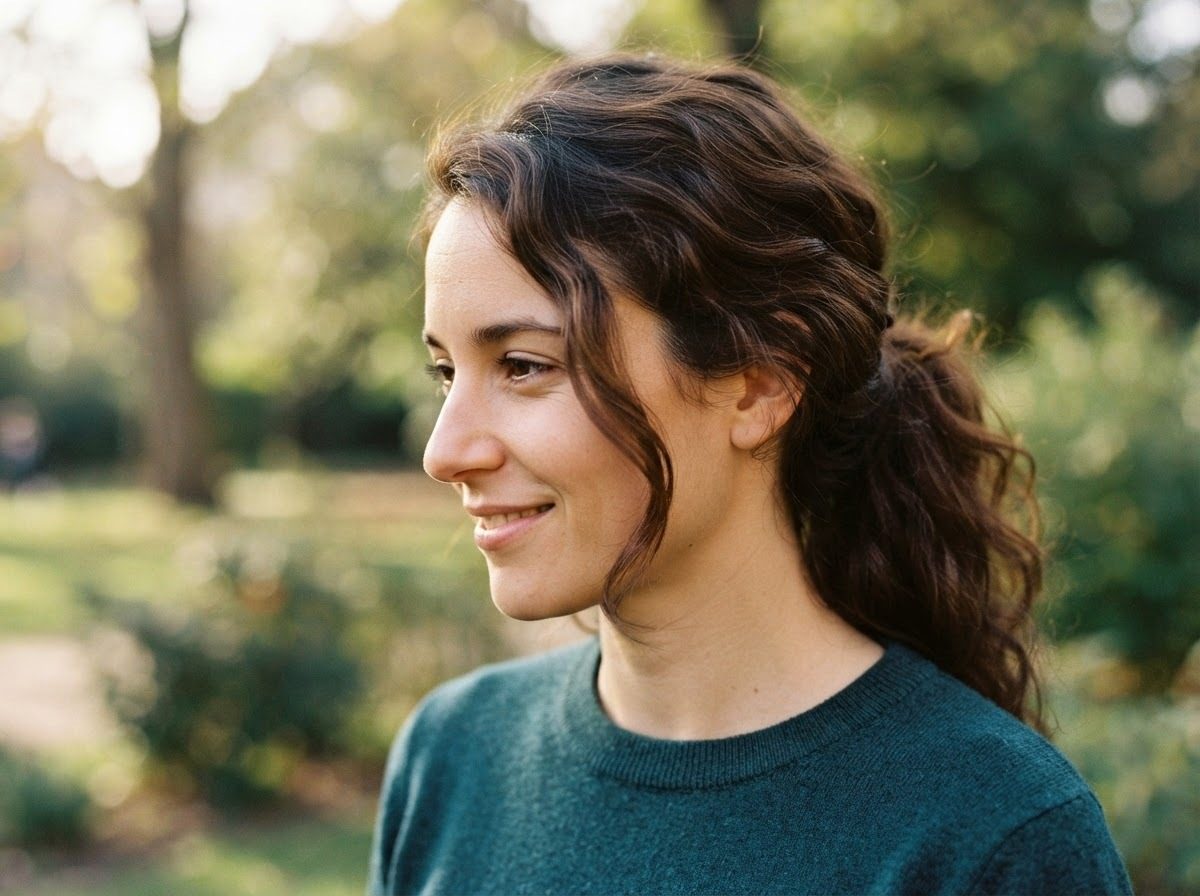 Profile of a smiling woman with curly hair, wearing a green sweater, looking left outdoors.