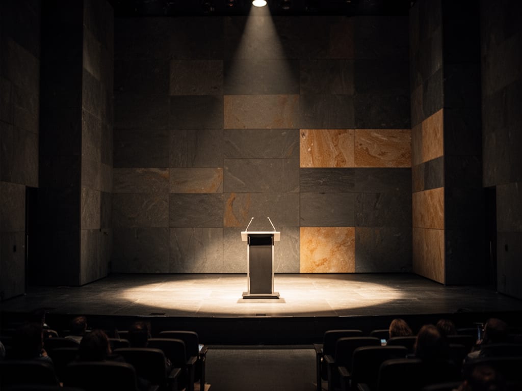 An empty stage with a podium under a bright spotlight in a dark auditorium, with audience seating visible.