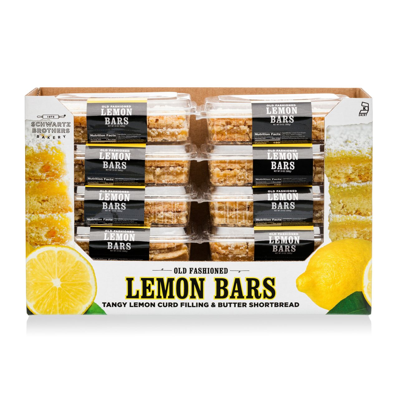 Lemon bars, Case of plastic clamshell packaging, Cardboard box