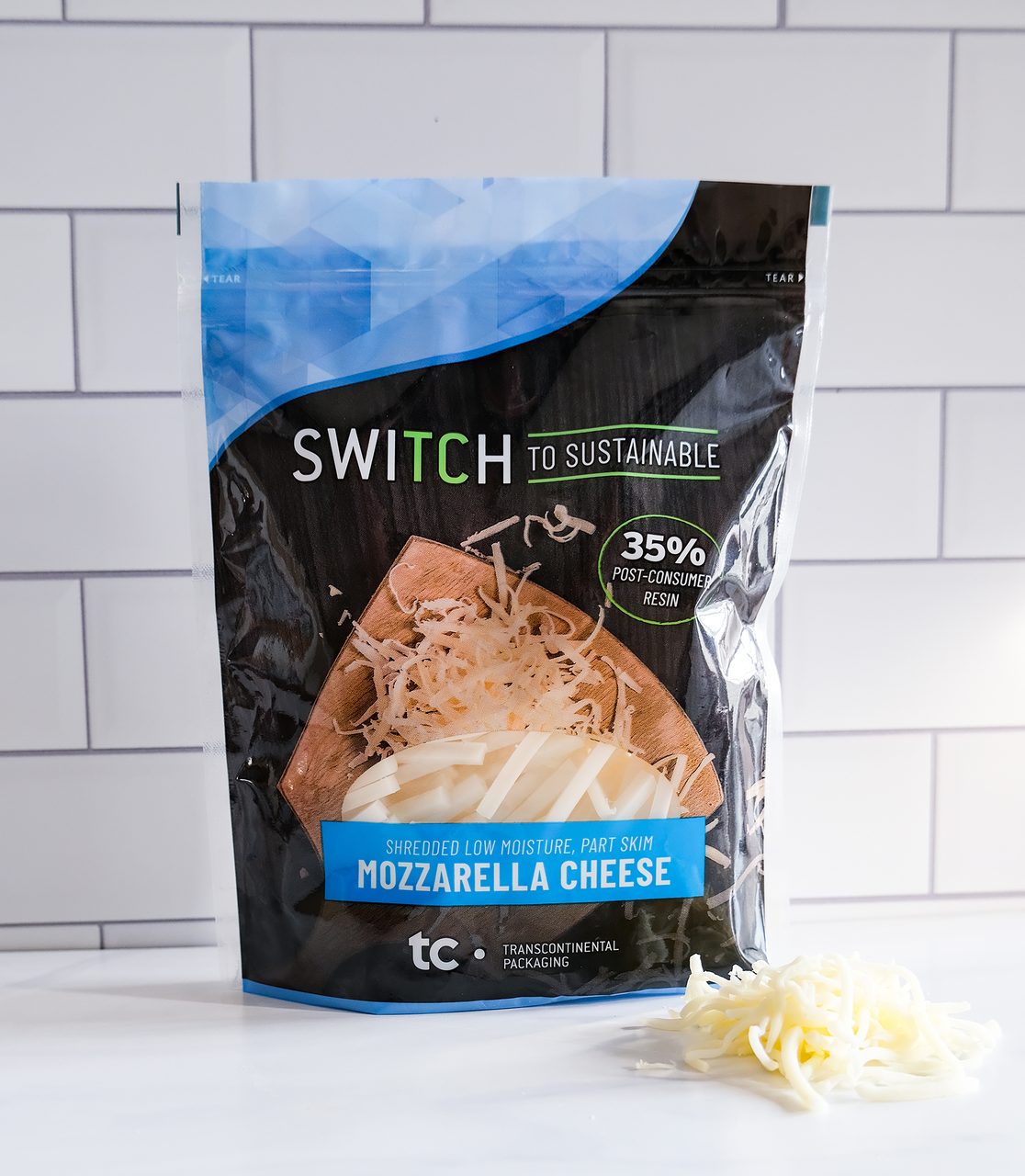 Packaging, Pouch, Mozzarella, Shredded cheese, Backsplash, Counter