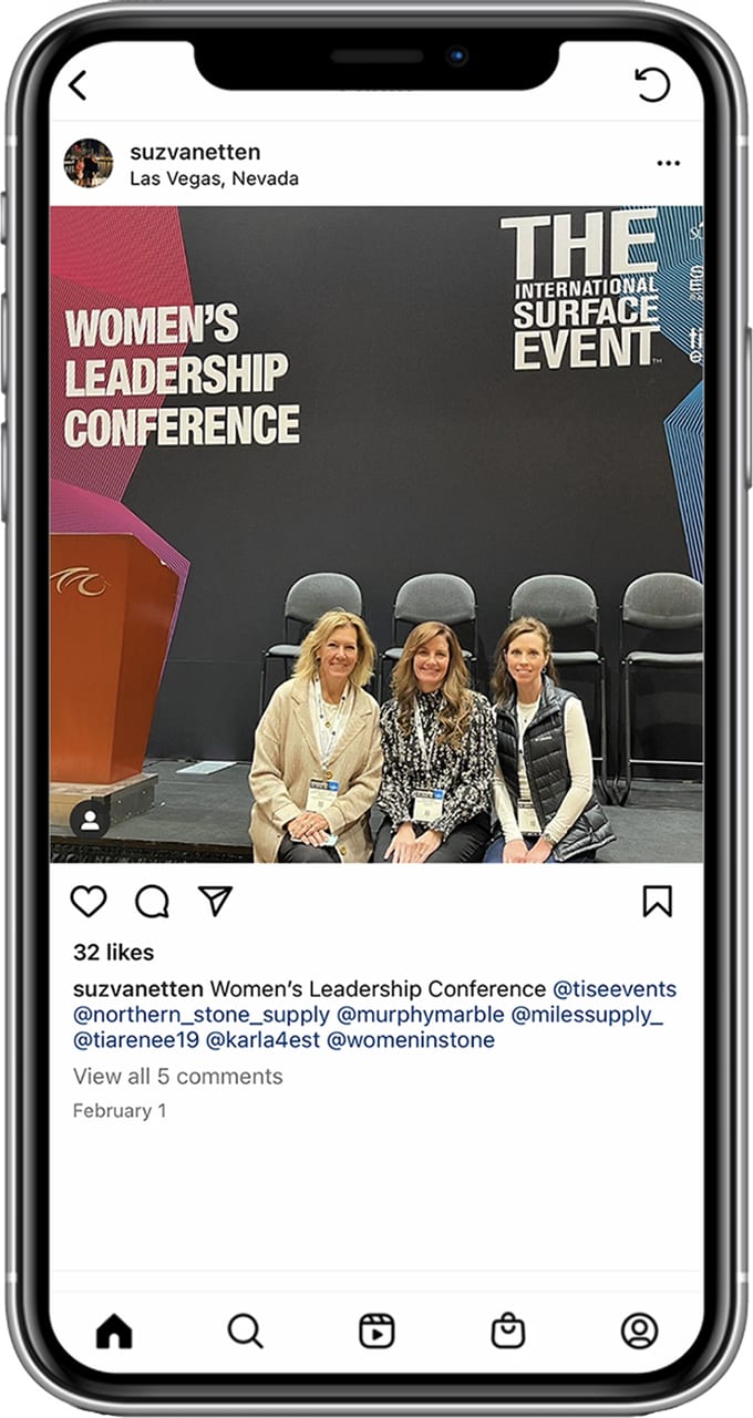 Susan Van Etten of Murphy Marble Co., Deb DeGraaf of Northern Stone Supply and Tia Emery of Miles Supply, Womens Leadership Conference at TISE 2022.