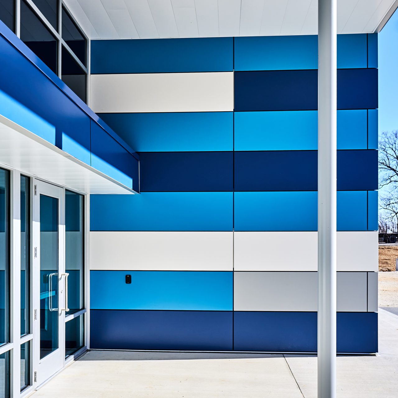 Interior design, Blue, Building, Azure, Shade, Rectangle, Door, Wood, Line, Stairs
