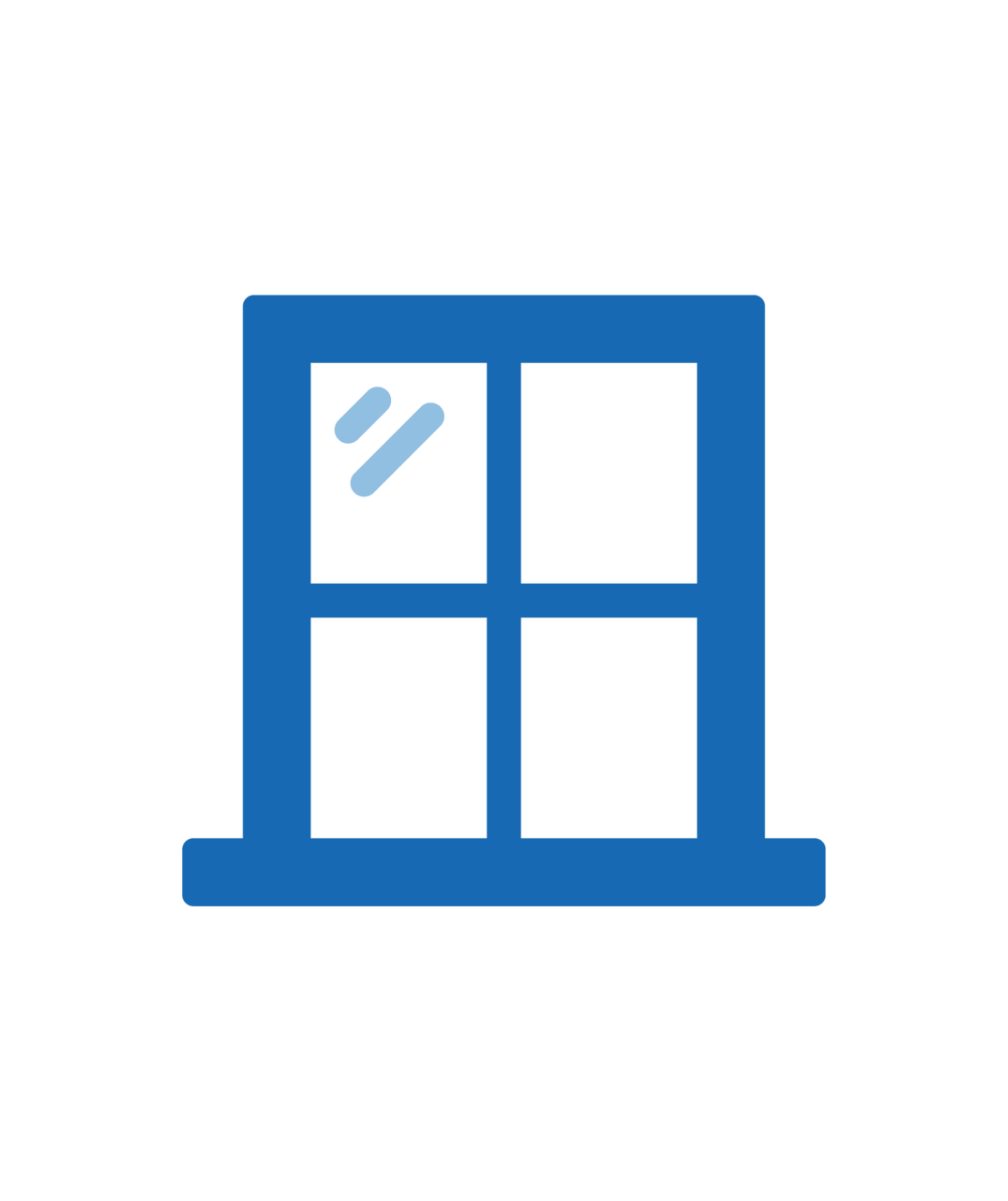 Blue four-pane window on a green background, with reflections.