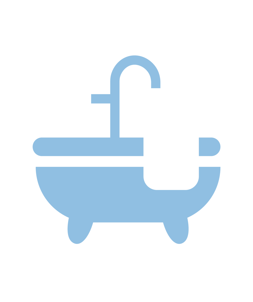 Light blue bathtub icon with faucet and white towel.