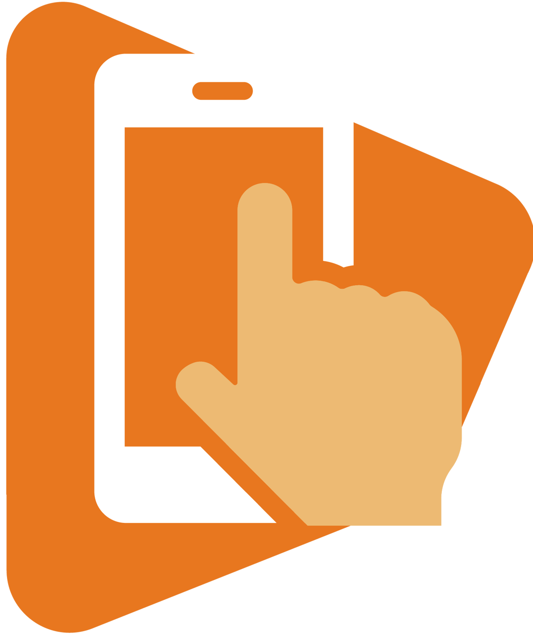 Hand touching smartphone screen on an orange play button shape.