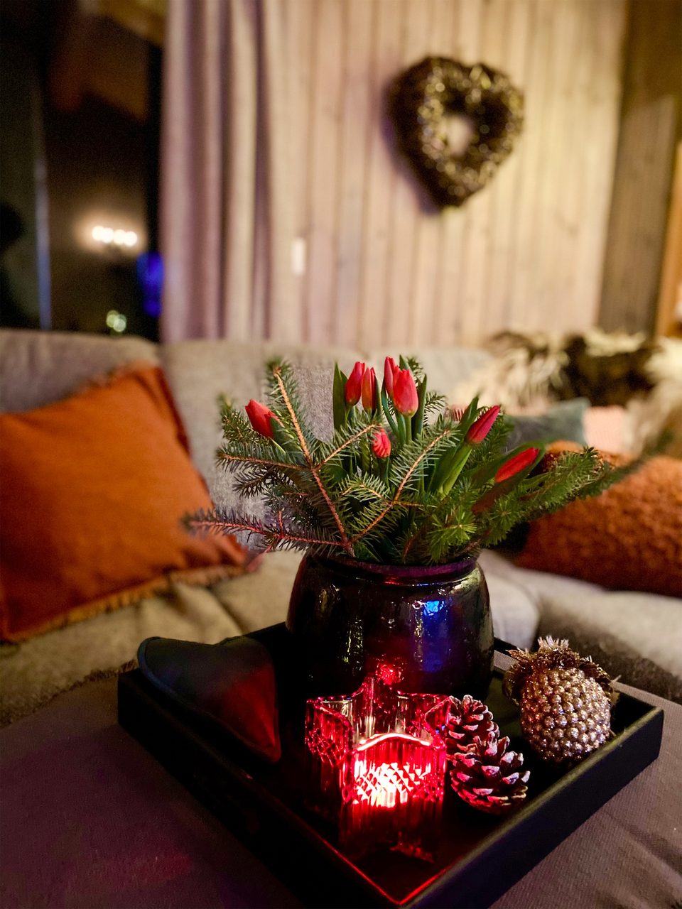 Christmas ornament, Furniture, Plant, Table, Decoration, Window, Flowerpot, Couch, Textile, Orange