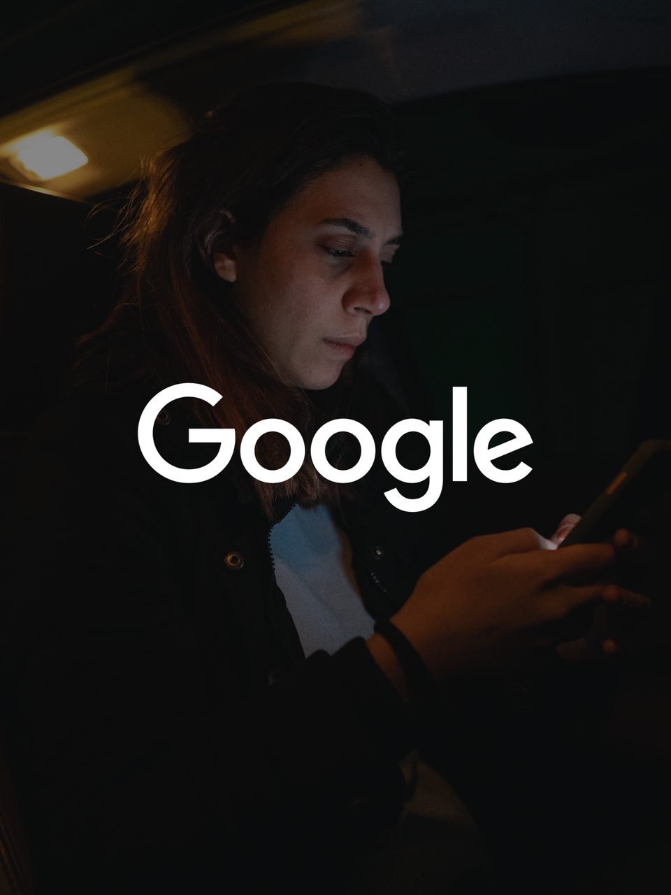 Woman on phone with google logo overlaid