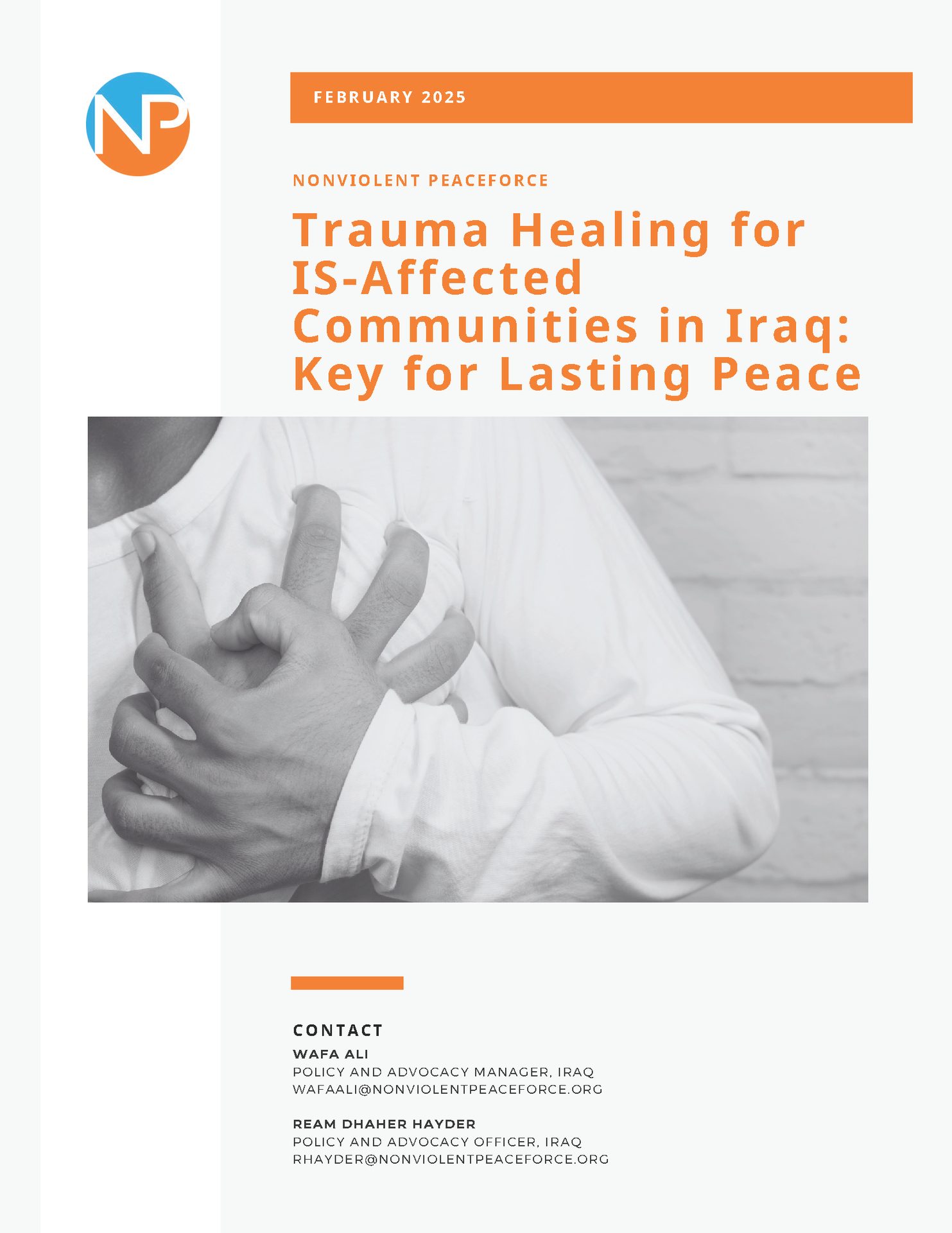 Report on trauma healing for IS-affected communities in Iraq, with hands on a chest.