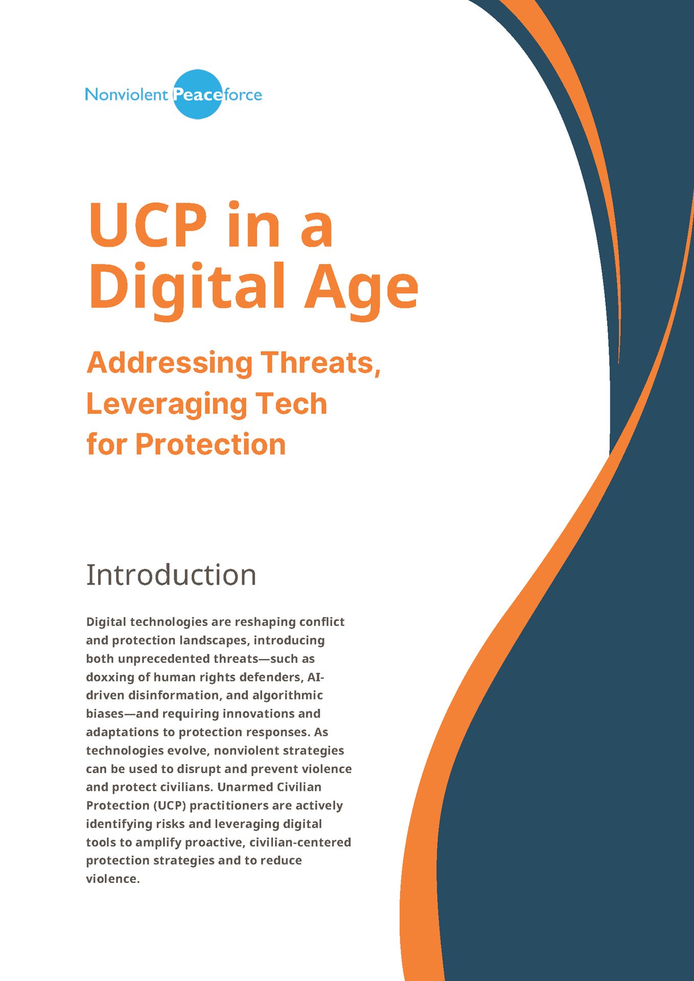 Cover for a Nonviolent Peaceforce report on Unarmed Civilian Protection using digital tech to reduce violence.