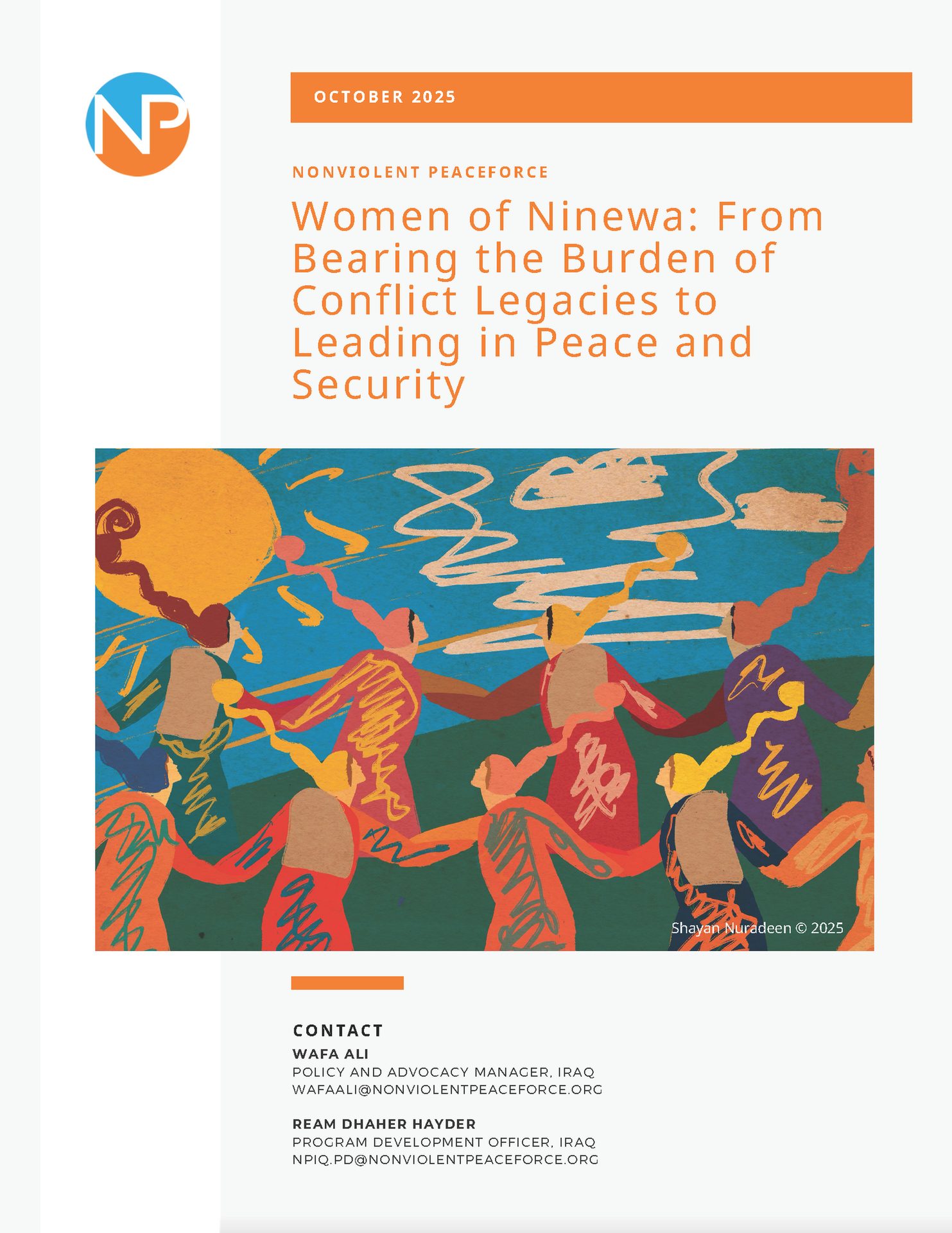 Report cover for 'Women of Ninewa' with an abstract illustration of dancing women. Includes contact info.