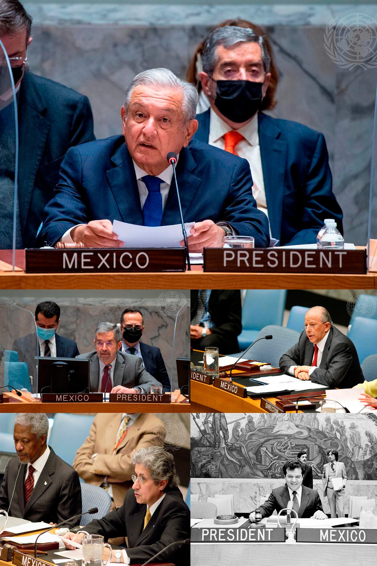 Collage: Mexican presidents and officials speaking at UN forums, with "MEXICO" and "PRESIDENT" signs.