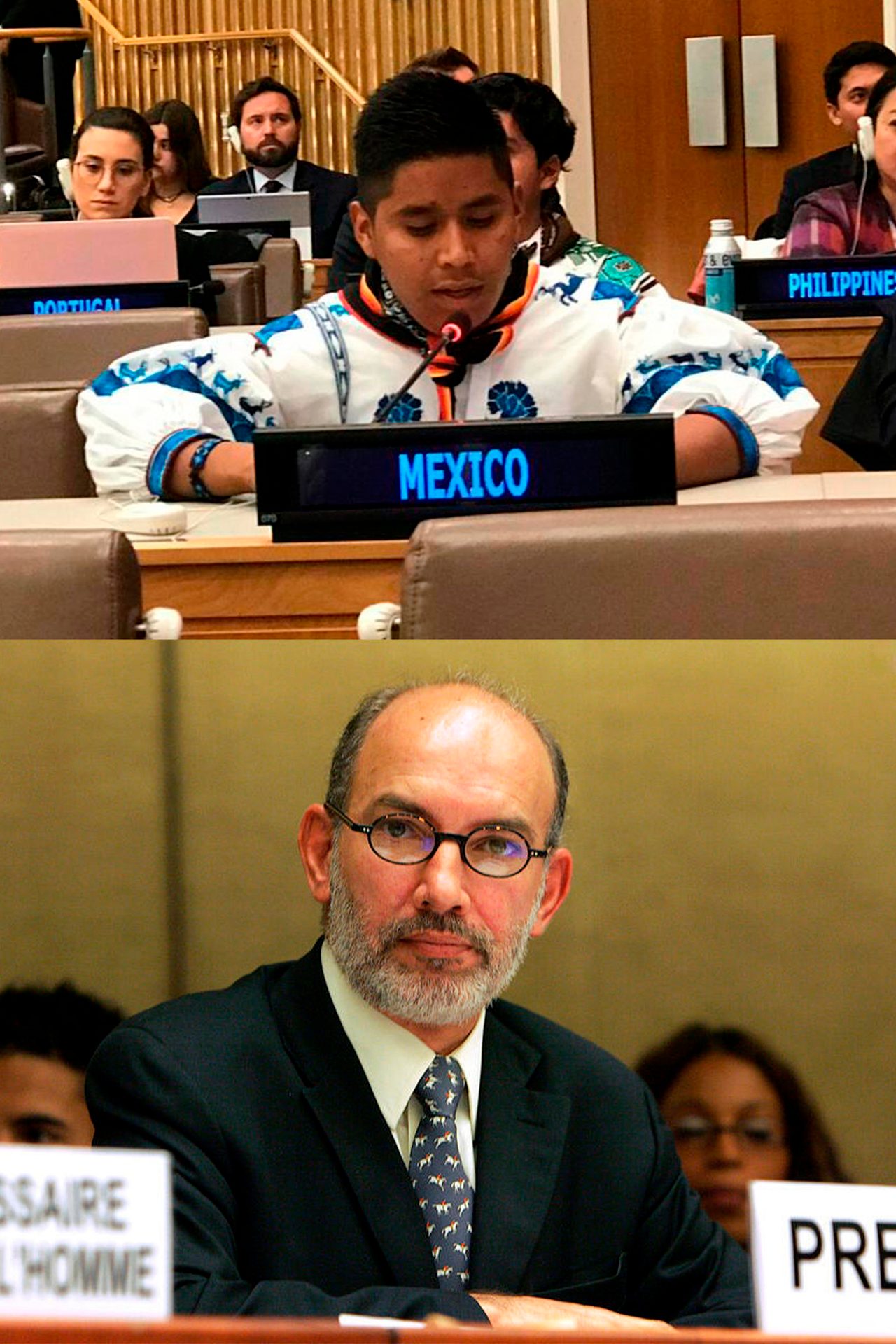 Two panels. Top: Indigenous man speaks at 'MEXICO' podium. Bottom: Man in suit & glasses at 'PRESIDENT' table.