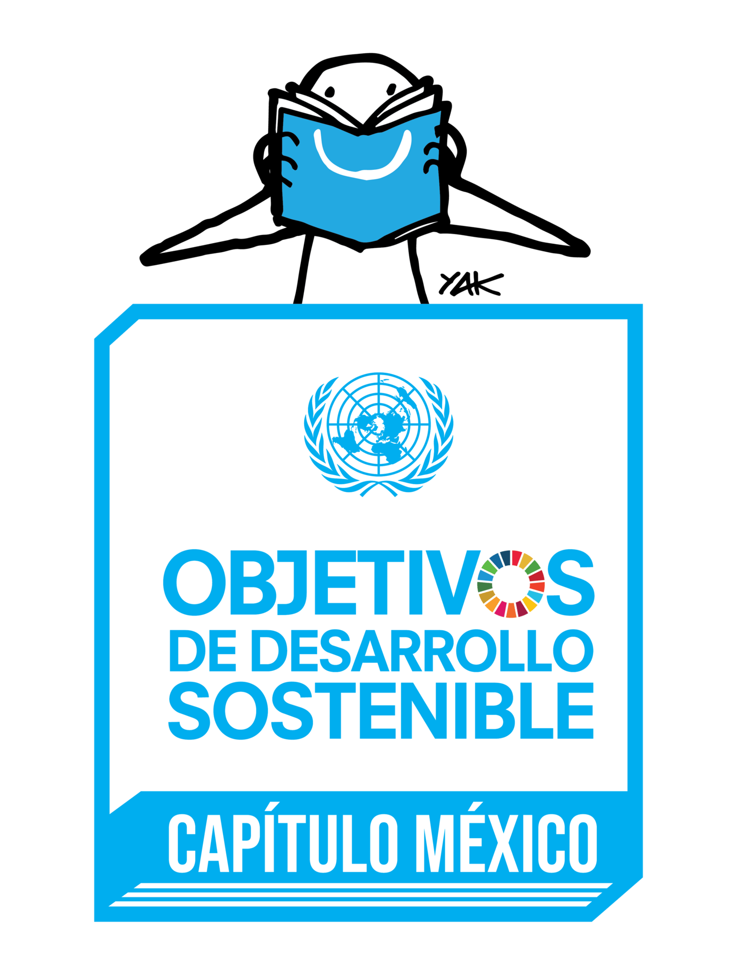 Cartoon figure reading a book above the UN Sustainable Development Goals Mexico logo.