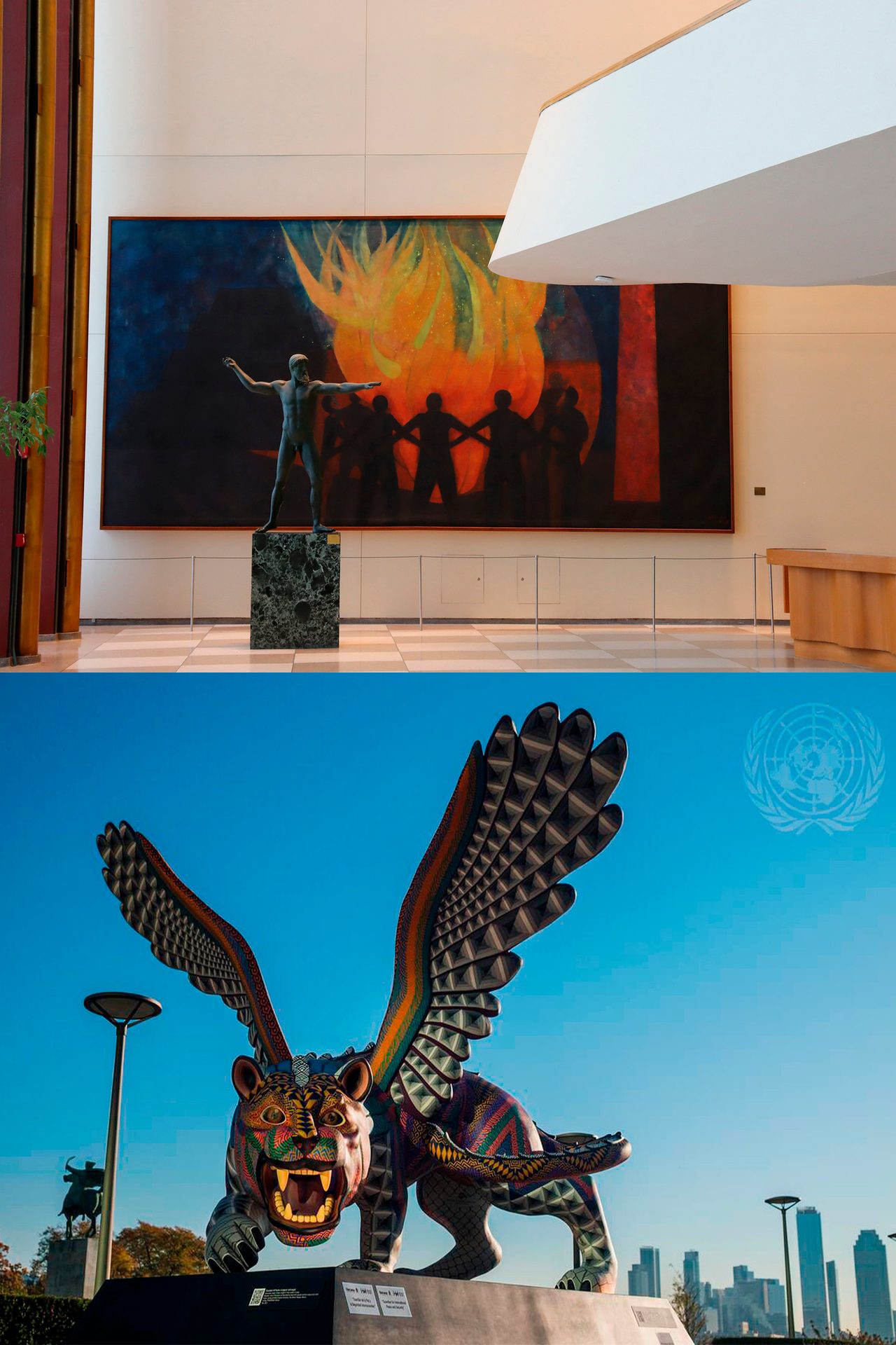Two photos: indoor statue and painting; outdoor colorful winged jaguar sculpture with UN logo.