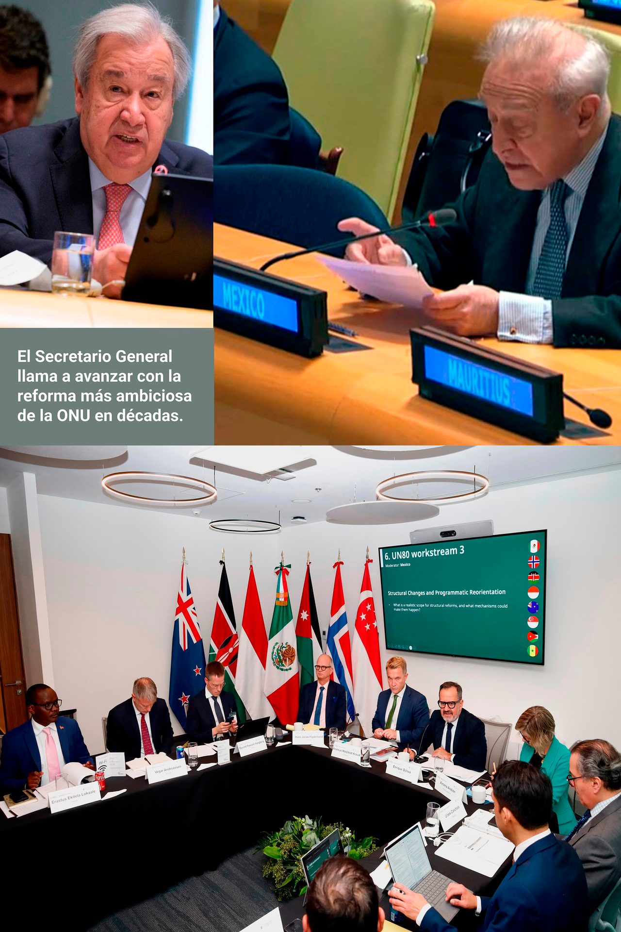 UN Secretary-General Guterres and diplomats at a conference discussing structural reforms, with country flags.