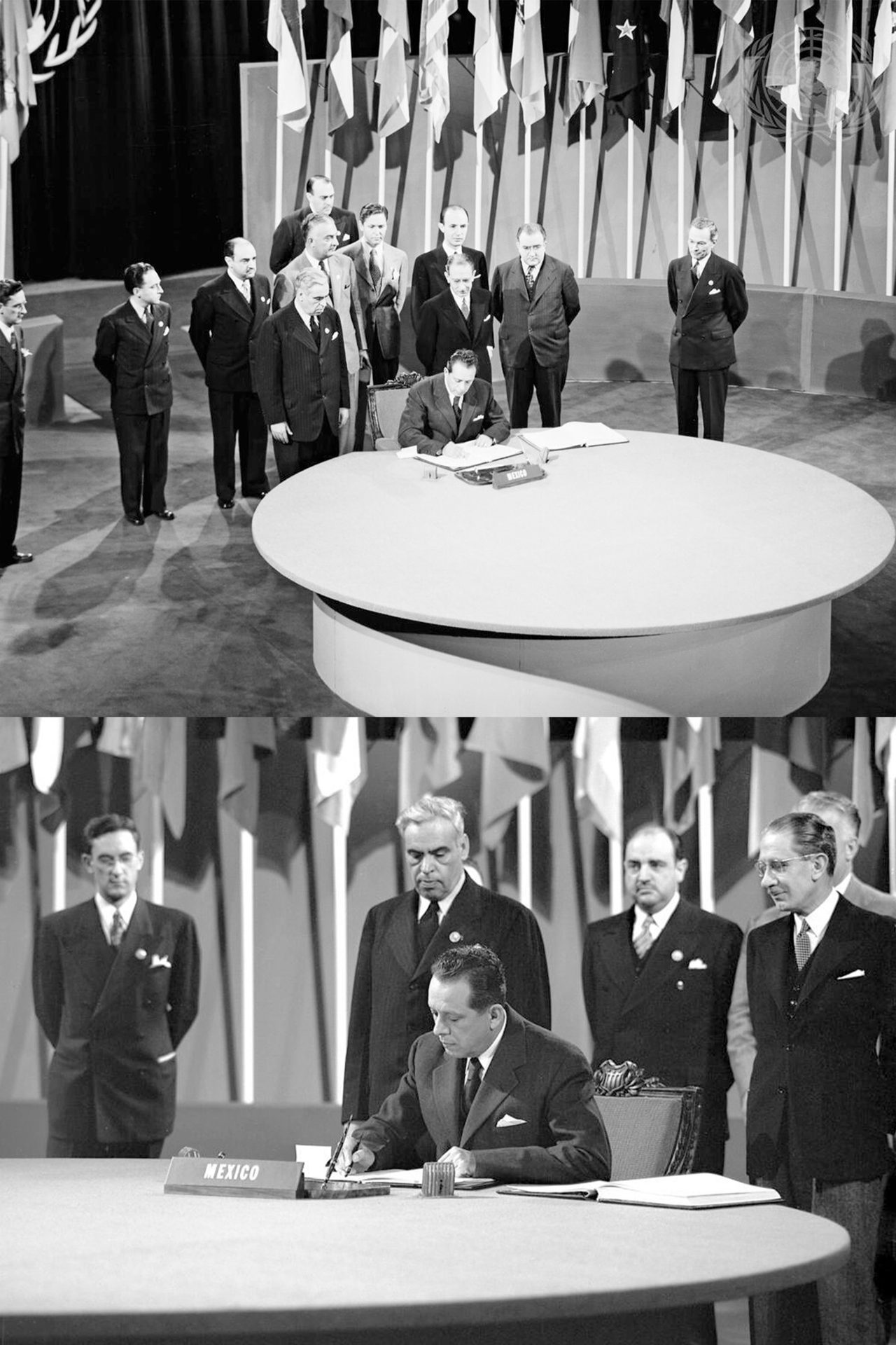 A delegate for Mexico signs a document at a formal UN signing ceremony, surrounded by officials and flags.