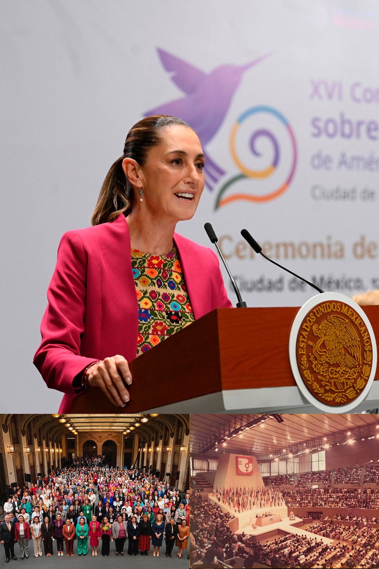 A woman speaks at a podium with a Mexican emblem; below, a group photo and a conference hall.