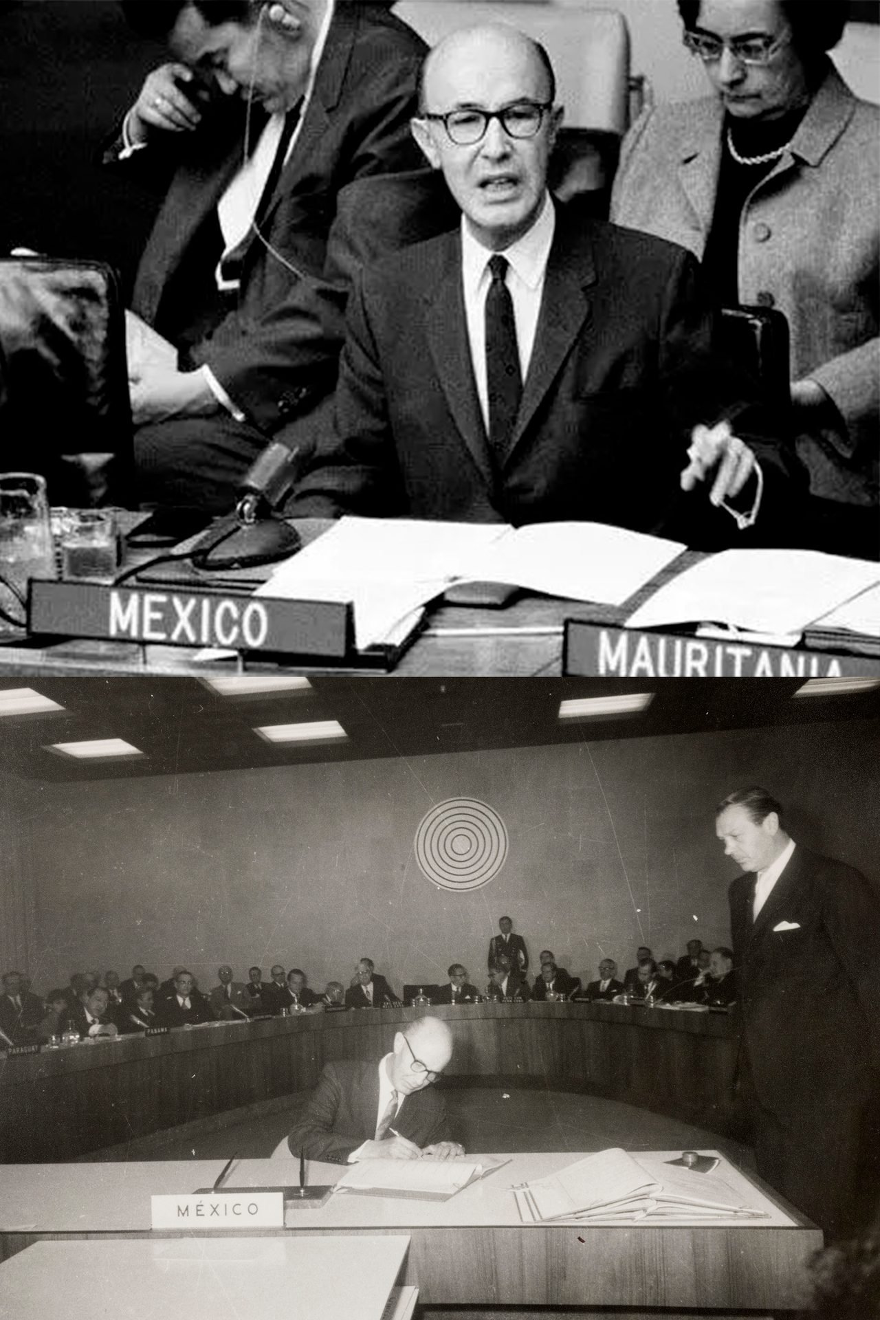 Mexican official speaking and signing documents at an international conference.