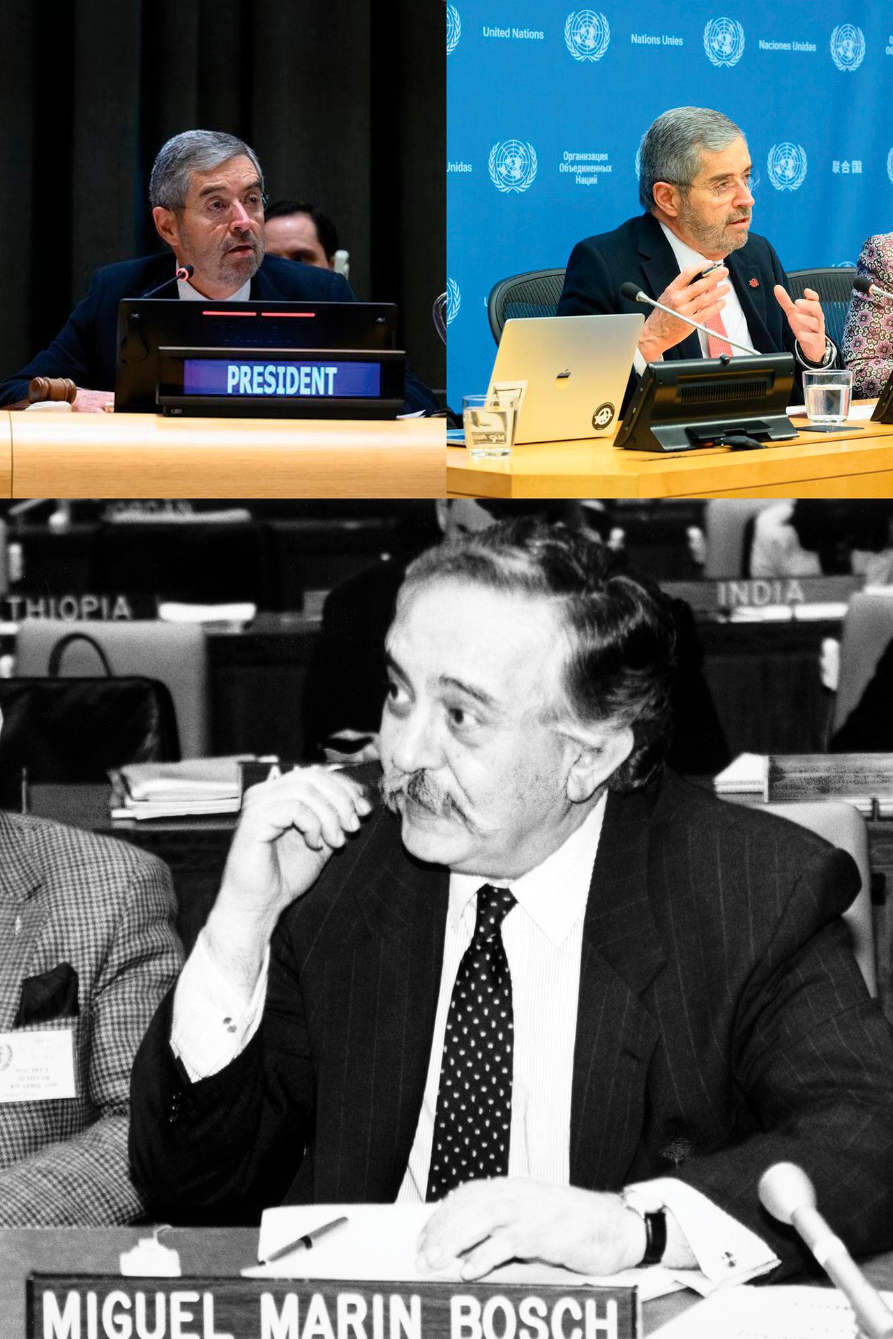 A modern photo of a UN president and a vintage photo of Miguel Marin Bosch at UN meetings.