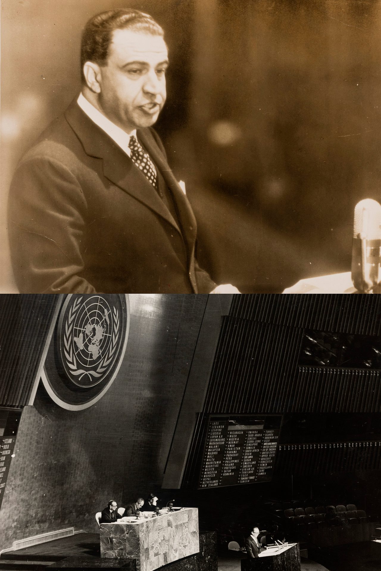 Composite: Sepia portrait of a man speaking; UN General Assembly hall with delegates and country list.