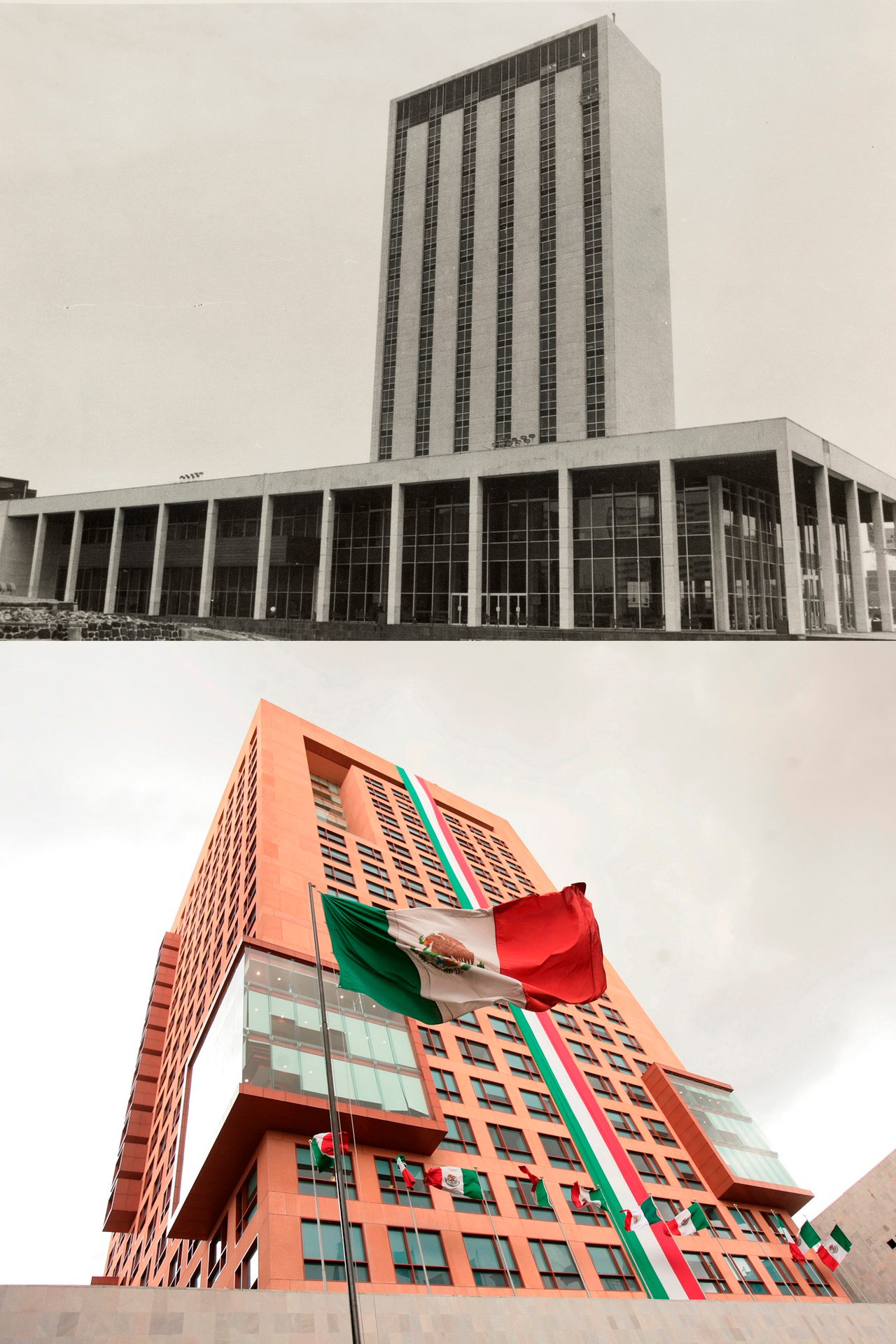 Before & after: a modernist building (B&W) vs. its renovated version (red, with Mexican flags).