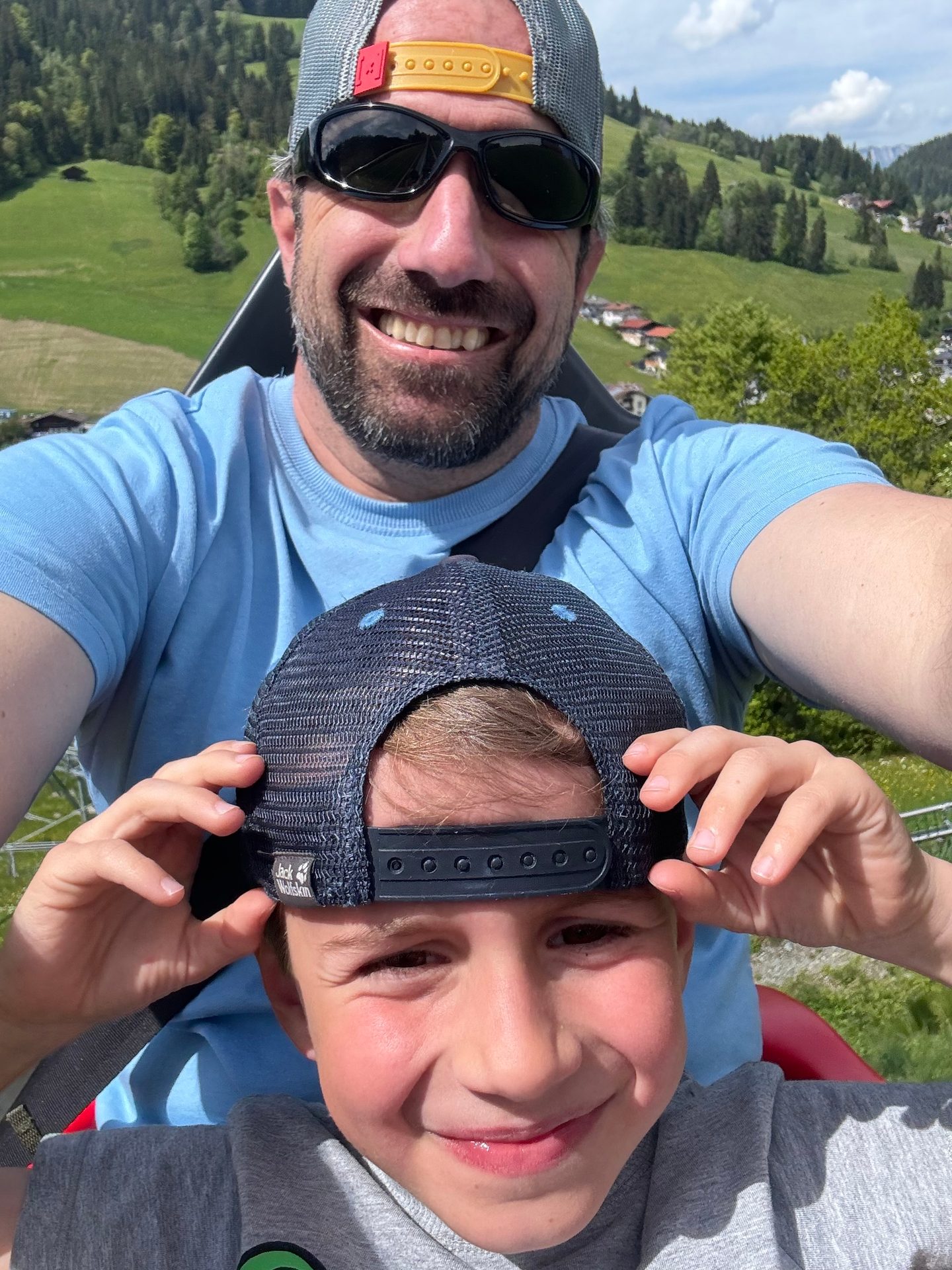Baseball cap, Face, Smile, Green, Blue, Eyewear, Cloud, Plant, Fun