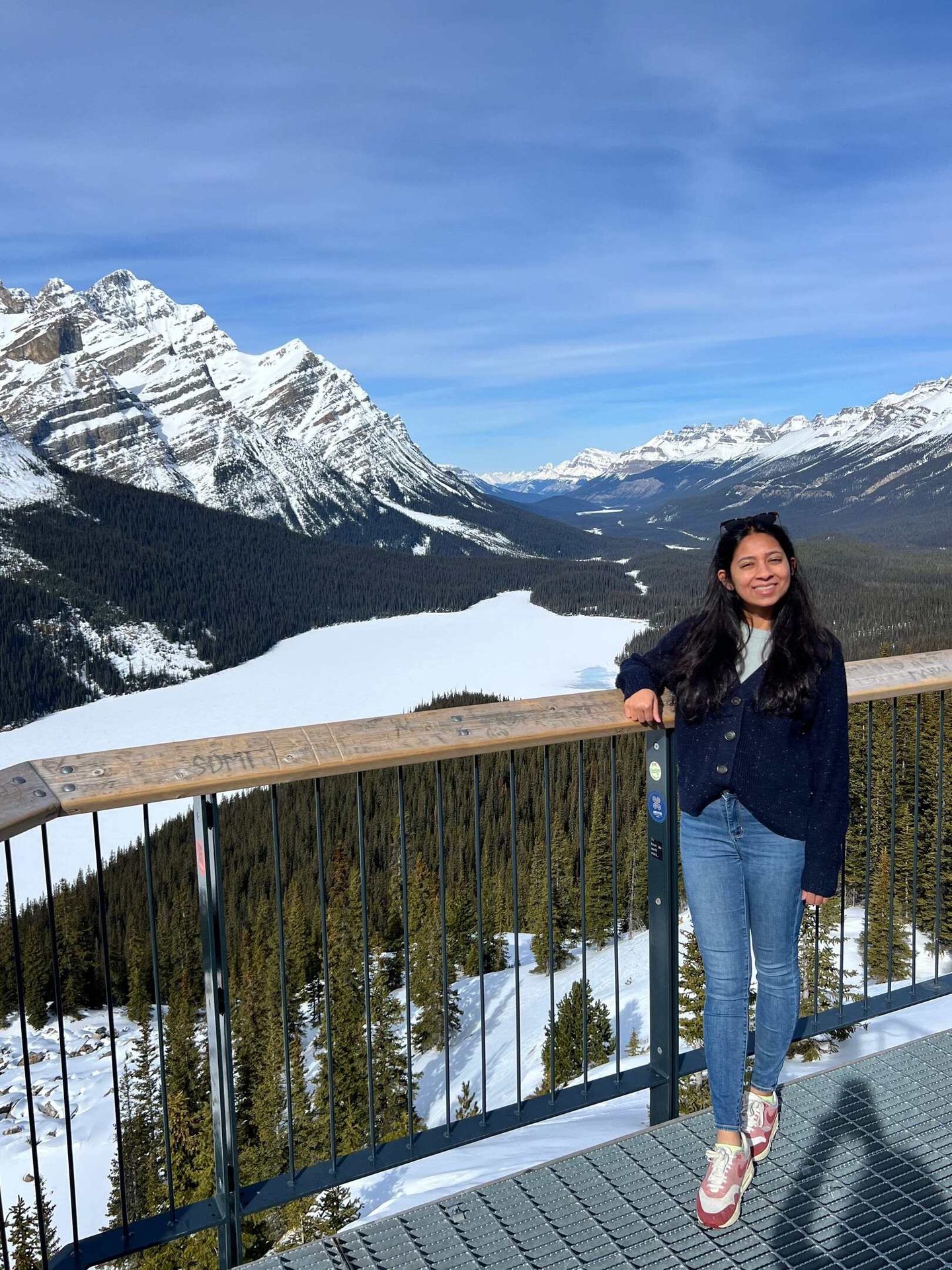 Smiling woman on platform overlooking snowy mountains, frozen lake, and pine forest.