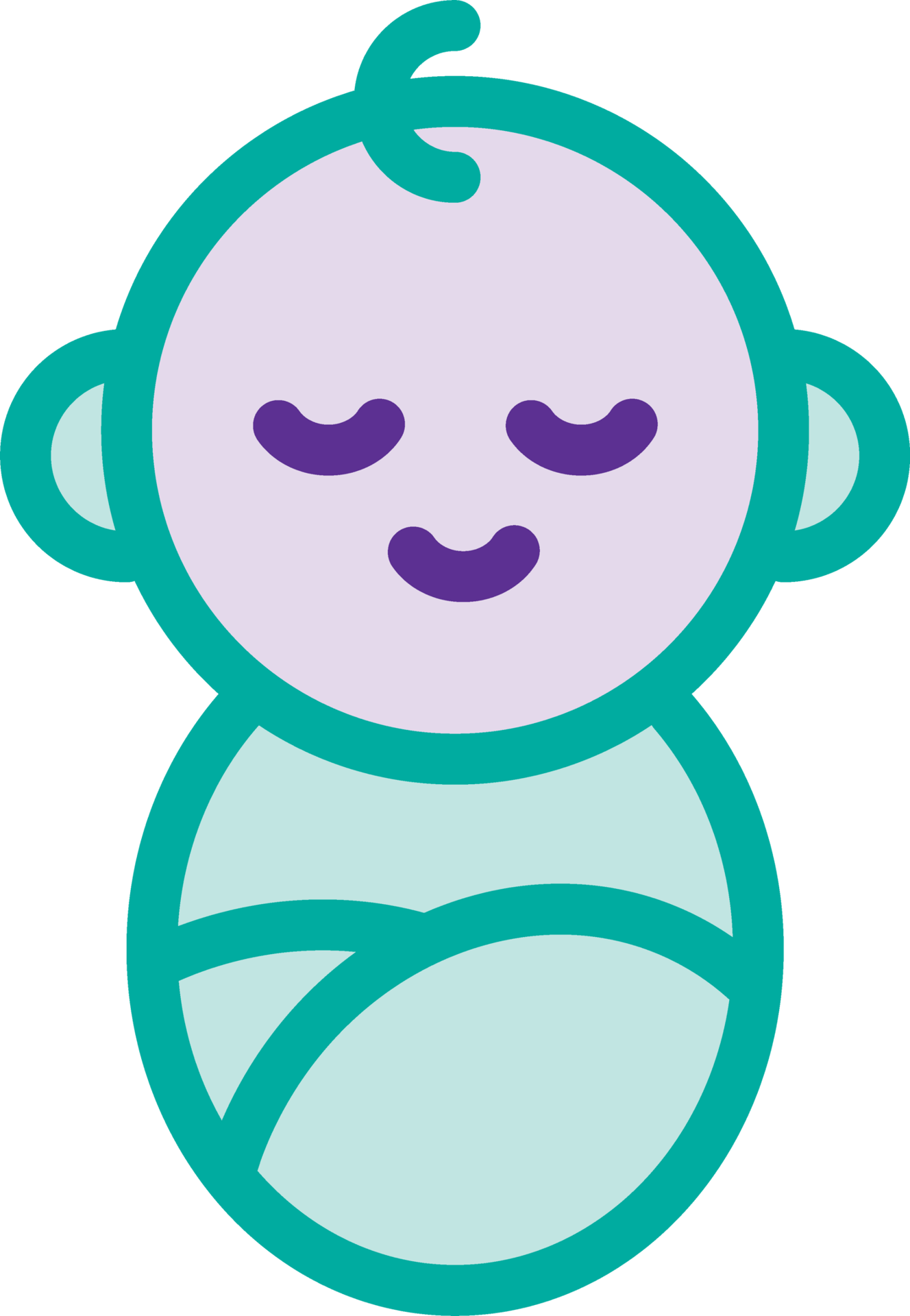 A simple illustration of a sleeping baby. Purple head, dark purple features, teal outline, light blue swaddle.