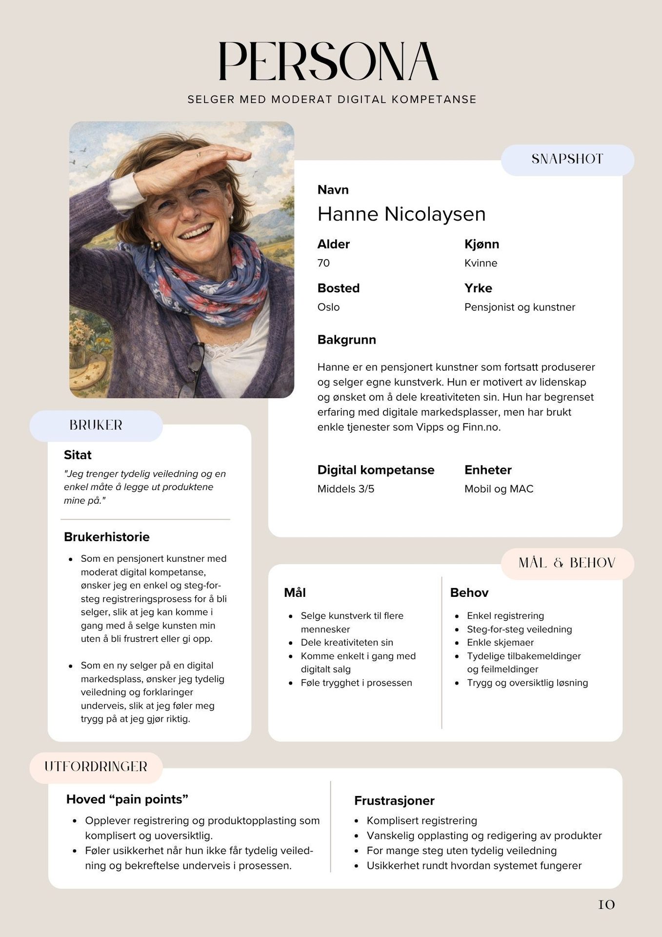 Persona profile of Hanne Nicolaysen, a retired artist, detailing her digital skills, goals, and challenges.
