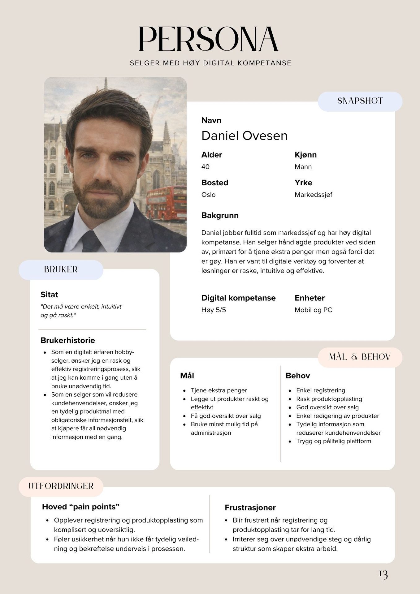 A persona profile for Daniel Ovesen, a digital-savvy salesperson, detailing his background, goals, and pain points.