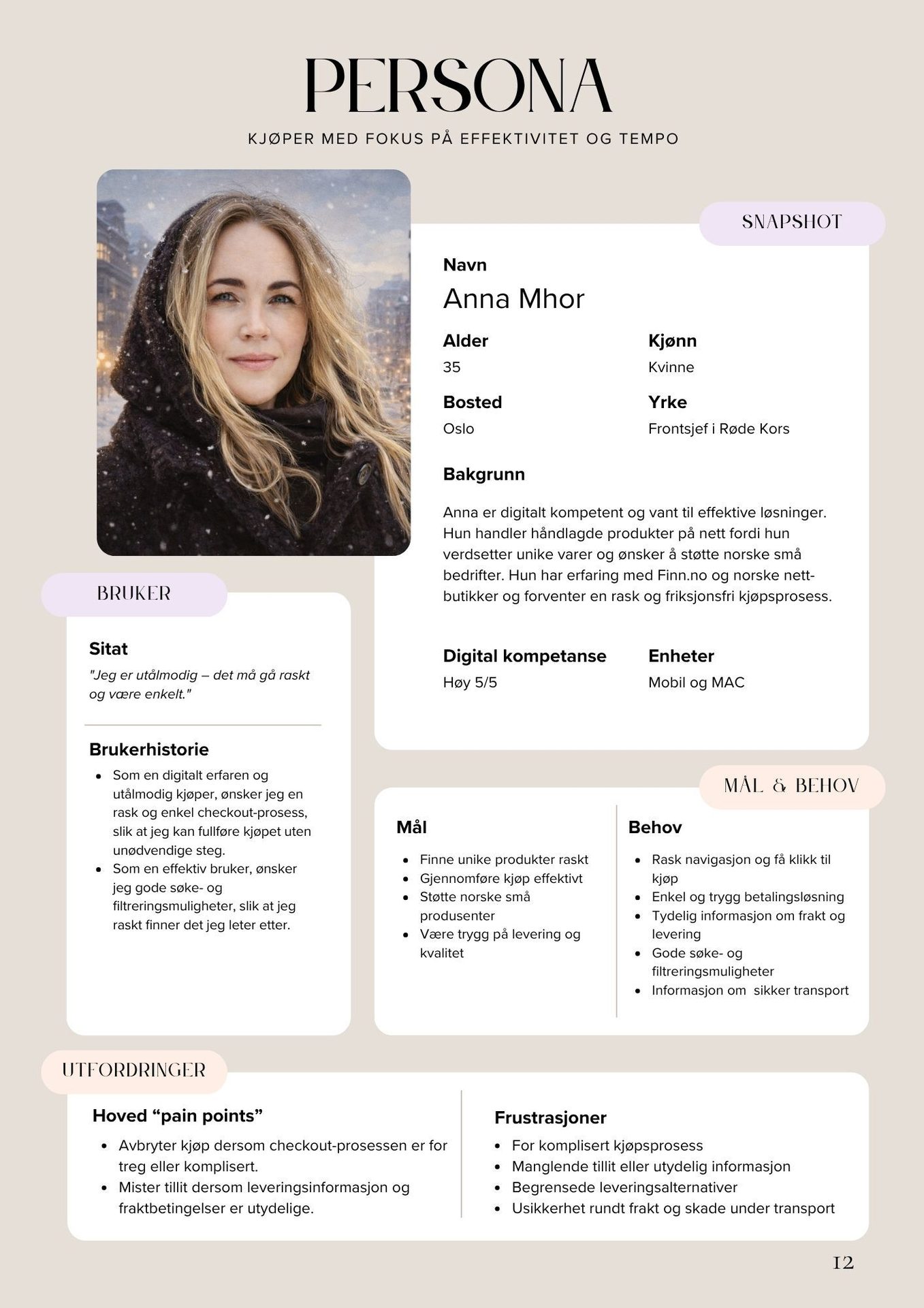 Details Anna Mhor's user persona, shopping habits, goals, and pain points.