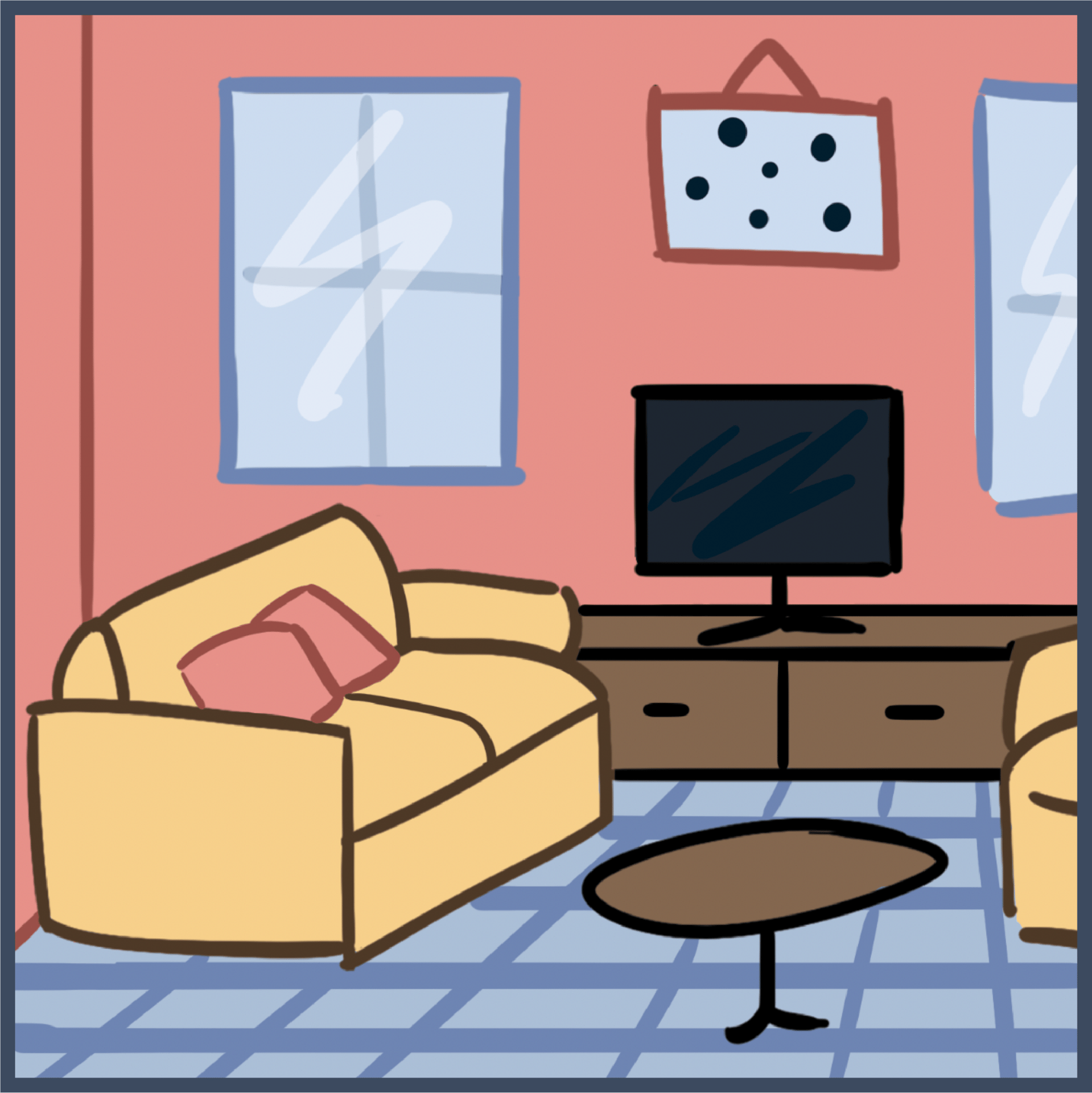 Computer monitor, Interior design, Table, Furniture, Property, Rectangle, Couch, Cartoon, Plant, Desk