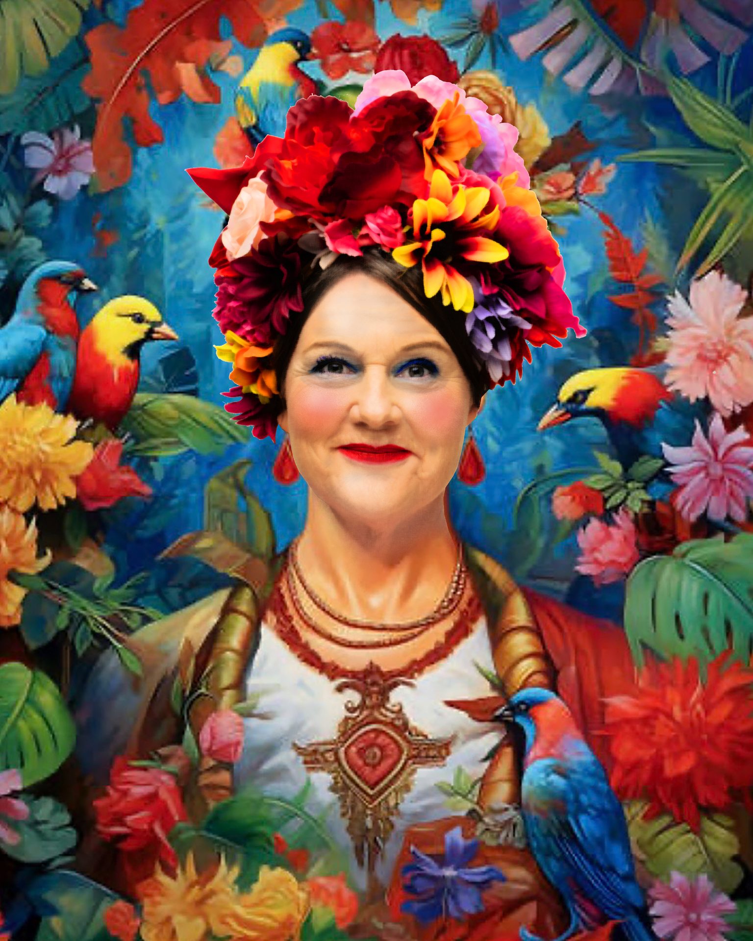 Frida Kahlo-esque portrait of a woman with floral headpiece, surrounded by tropical birds and flowers.