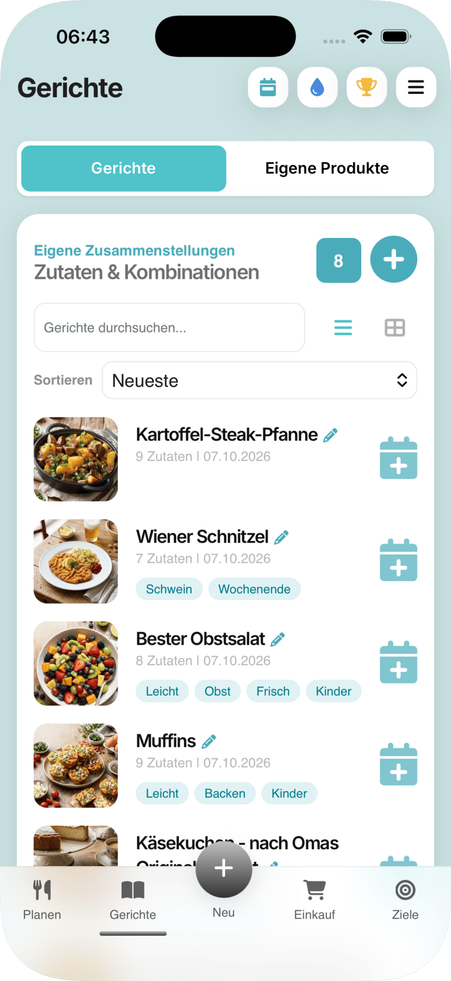 A mobile app screen showing a list of various recipes with details, search, sort options, and navigation.