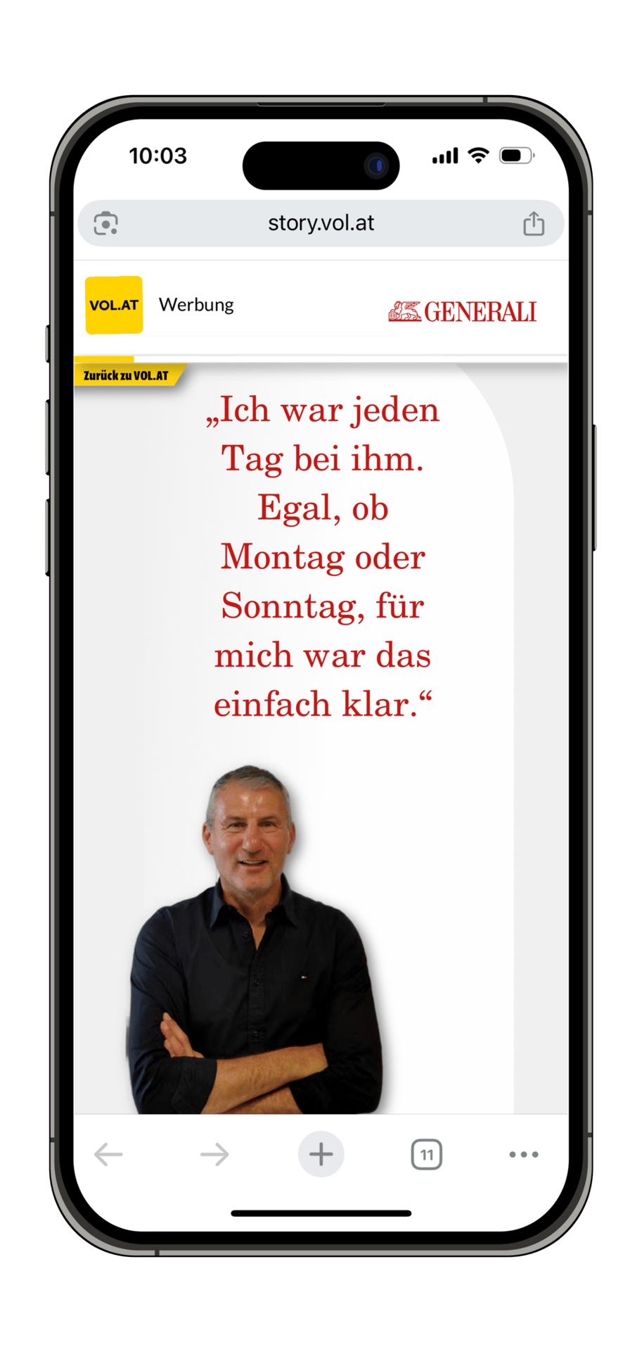 A smartphone screen displays a VOL.AT ad for Generali, featuring a smiling man and a German quote about daily presence.