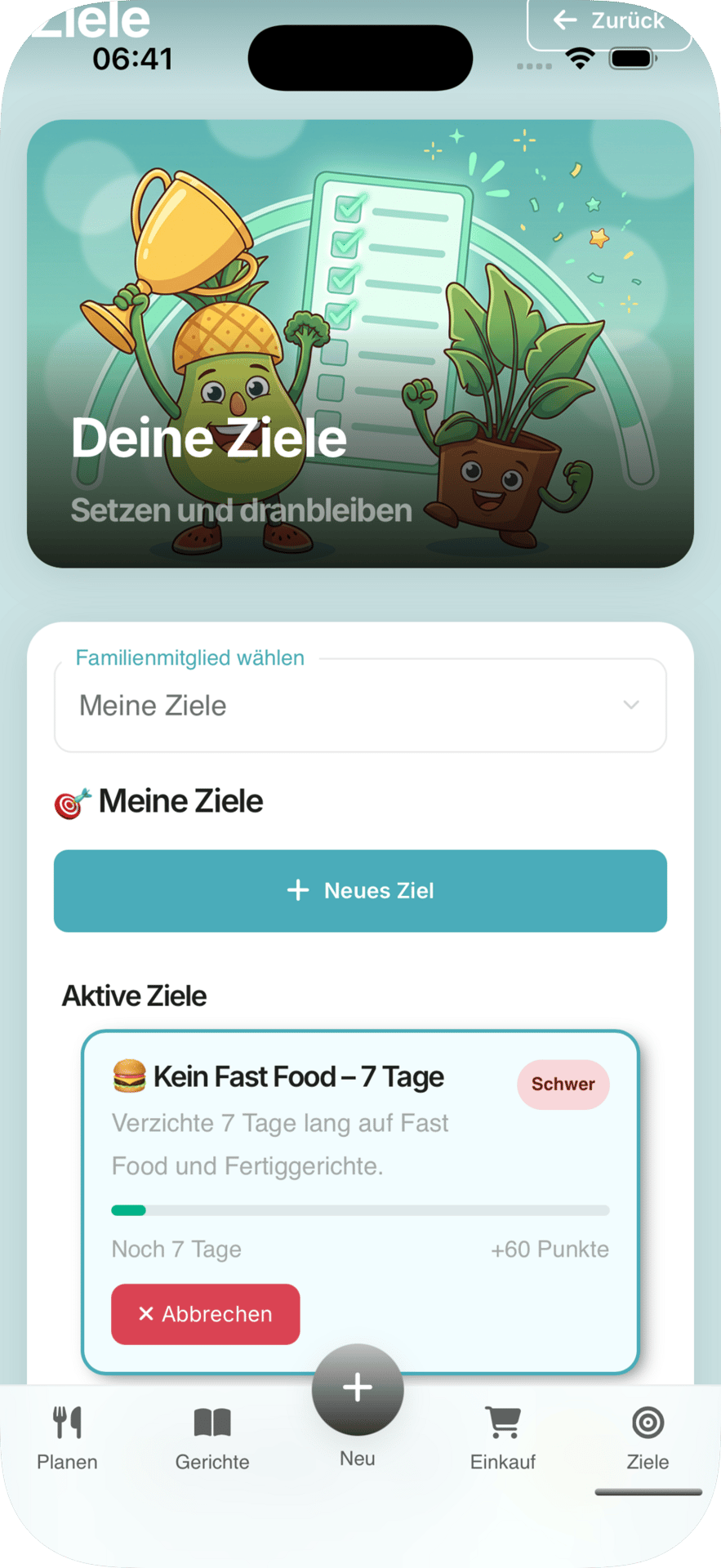A mobile app screen showing a 'Goals' section with an illustrative header, options to select a family member's goals, add a new goal, and a card displaying an active goal to avoid fast food for 7 days.