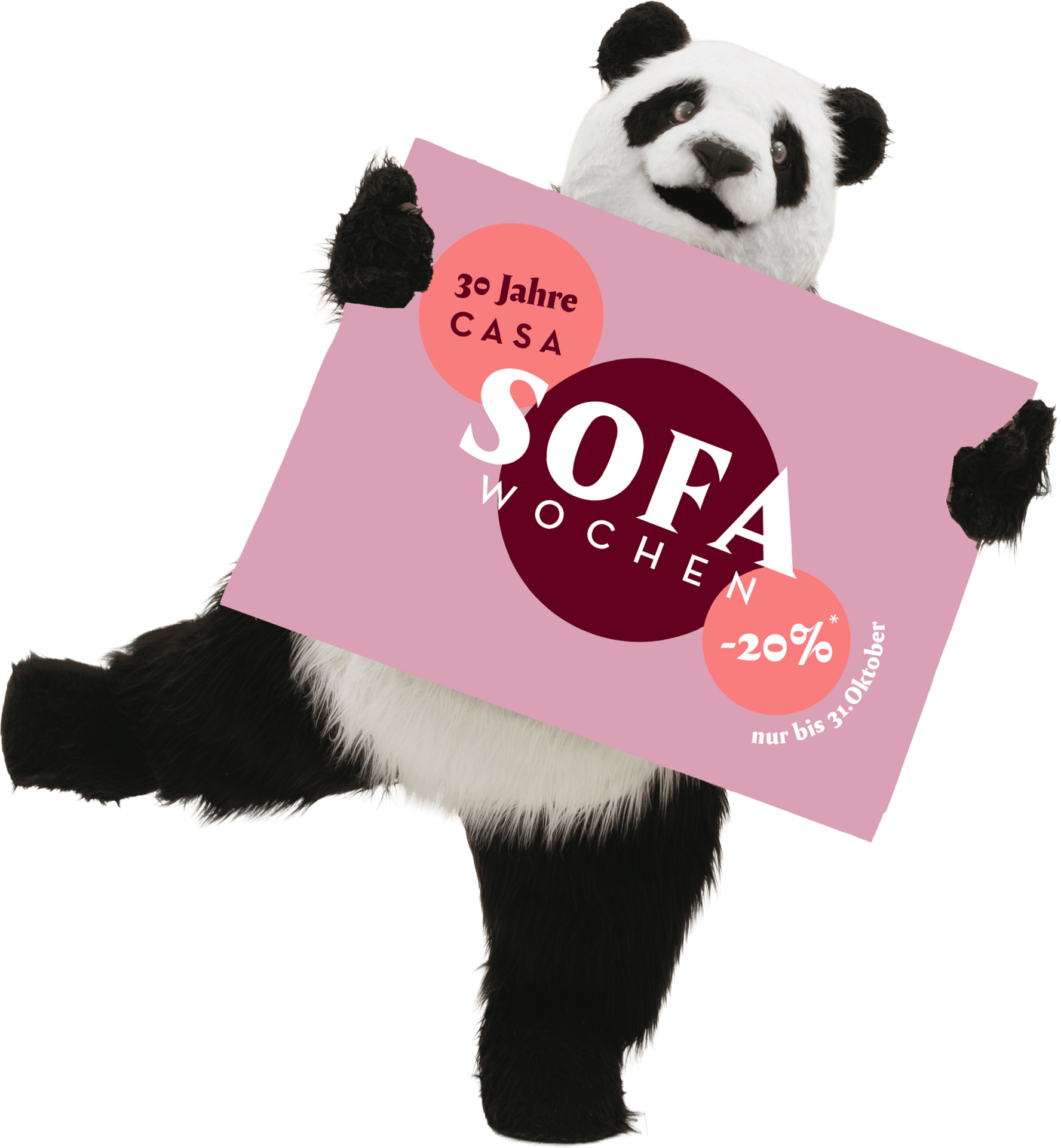 Panda in costume holding a pink sign for 'Sofa Weeks' with '30 Years CASA' and a 20% discount.