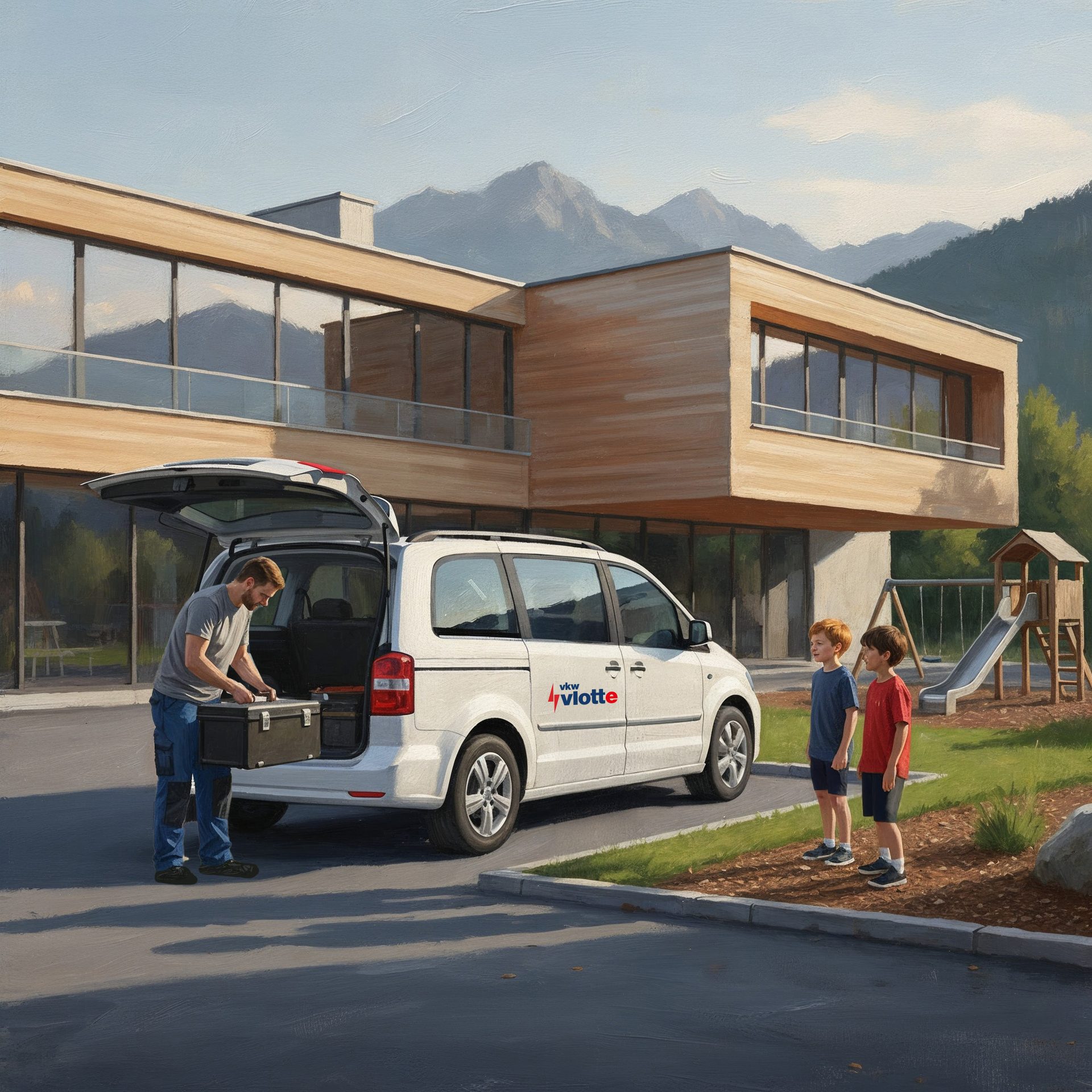 A man takes a toolbox from a white van while two boys watch, with a modern house and mountains.
