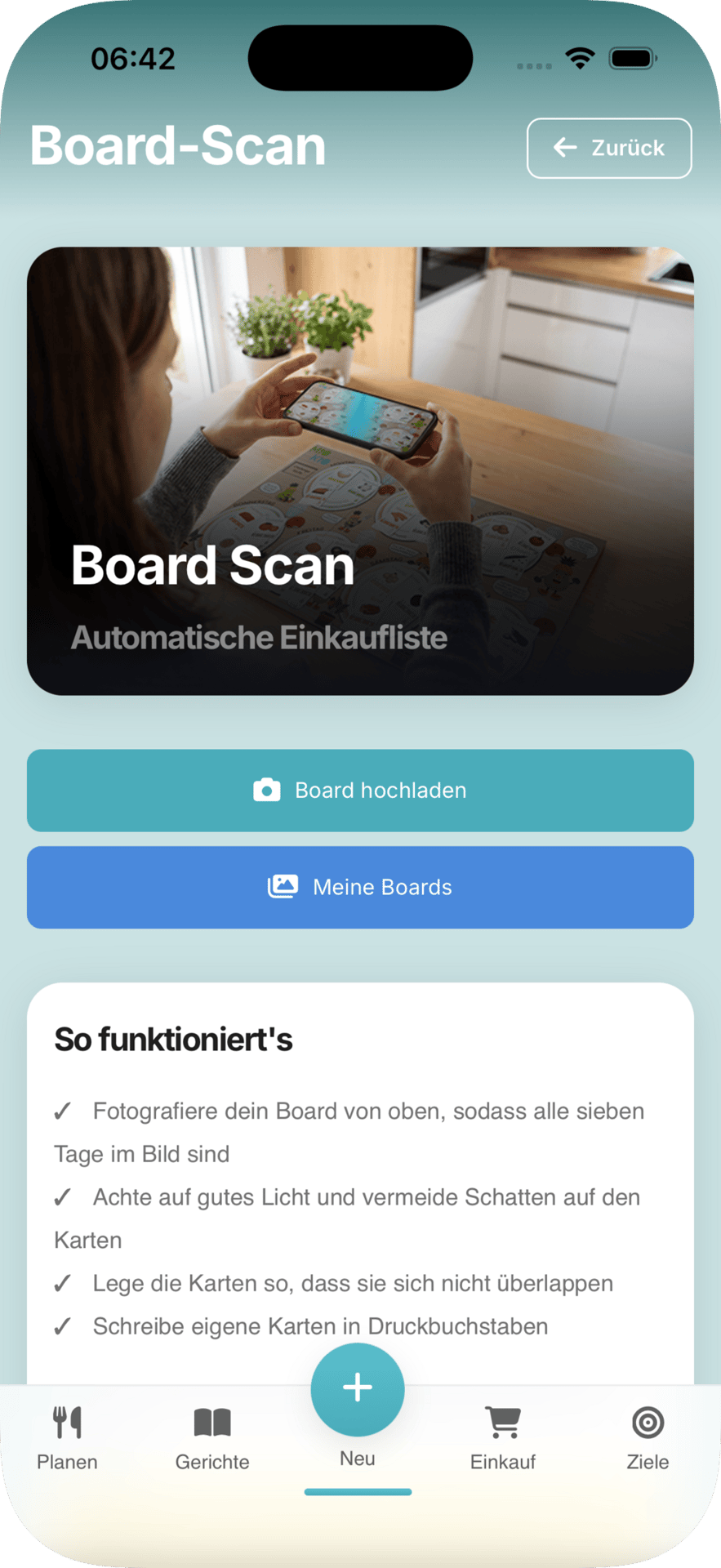 A mobile app screen for "Board-Scan" with a person scanning a board, upload/view options, and instructions.