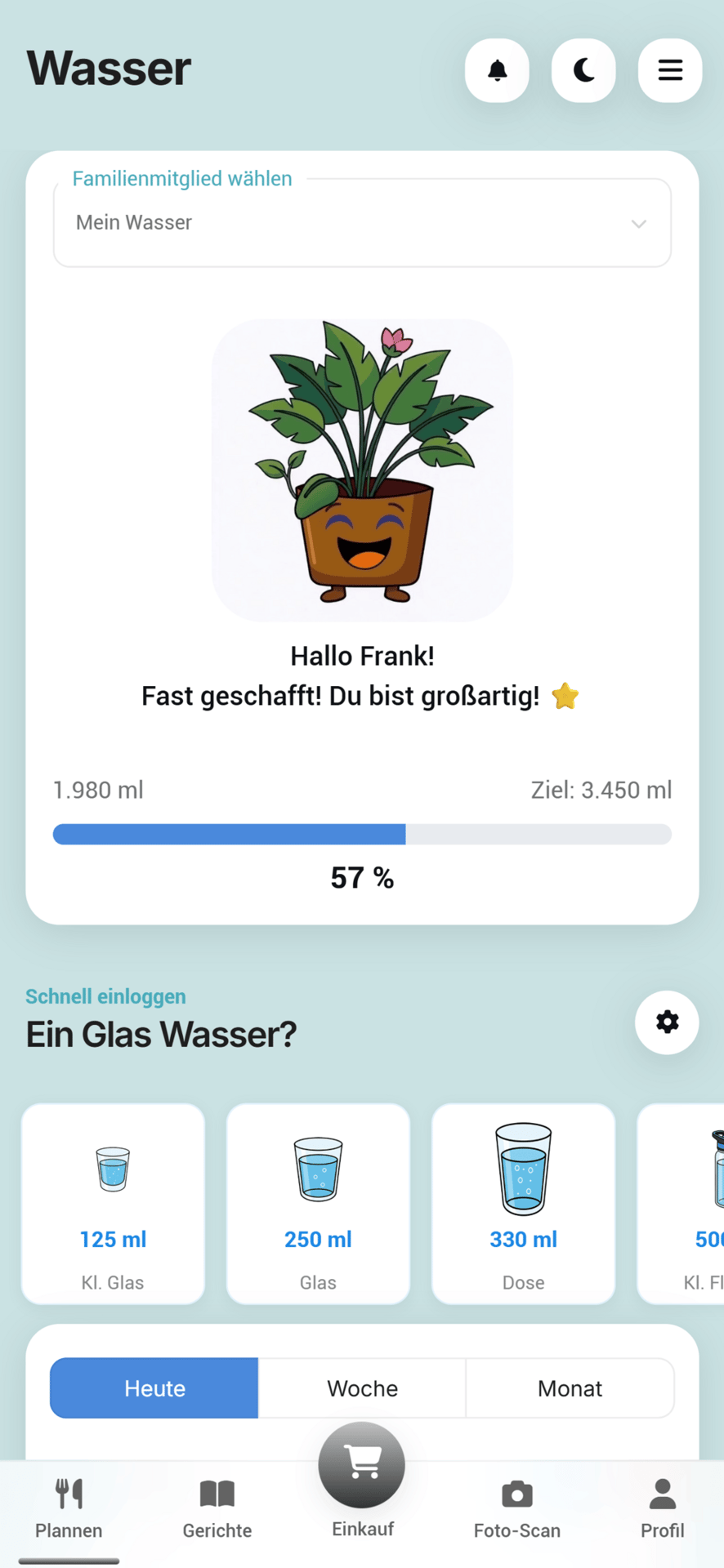 Mobile app for water intake tracking, showing a plant avatar, progress bar (57%), and quick log options.