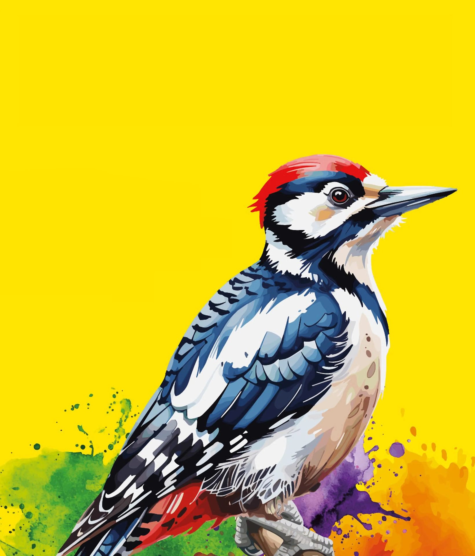 Stylized woodpecker with red crest, black, white, blue plumage on yellow background with color splatters.