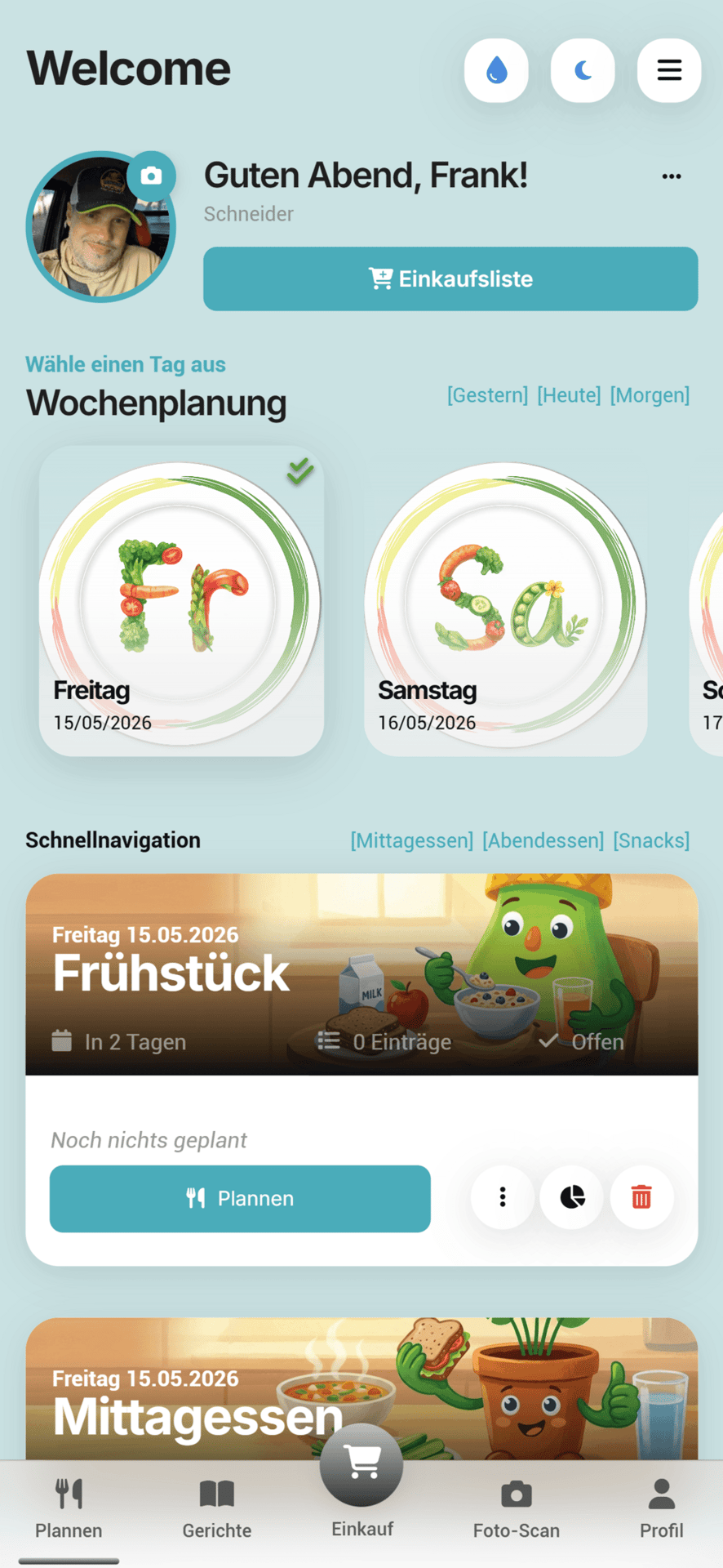 Mobile app for meal planning, showing welcome, weekly schedule, and meal entries for breakfast and lunch.