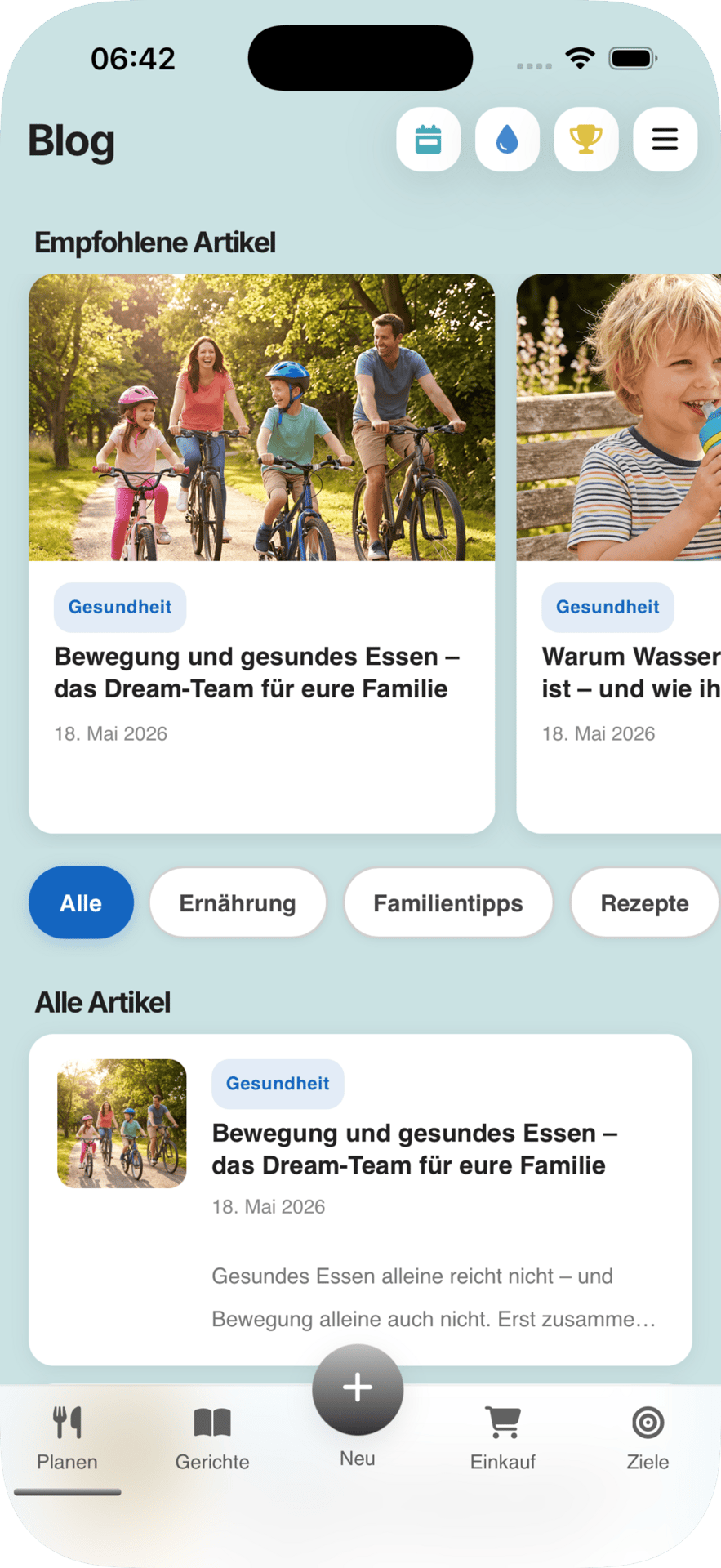A mobile app blog screen displaying recommended and all articles with filter options and a bottom navigation.