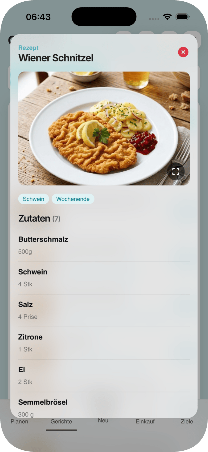 A mobile app displays a Wiener Schnitzel recipe, showing an image of the dish and a list of ingredients.