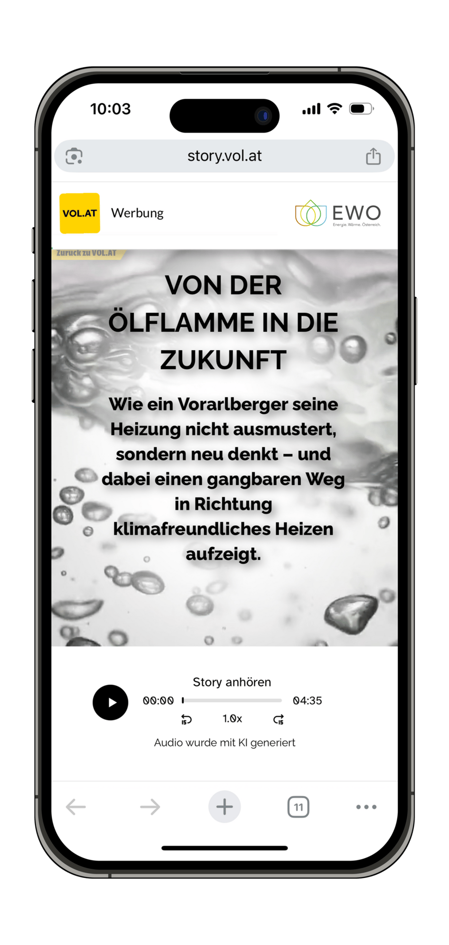 A phone screen shows a sponsored VOL.AT article: "From the oil flame to the future," with AI audio.
