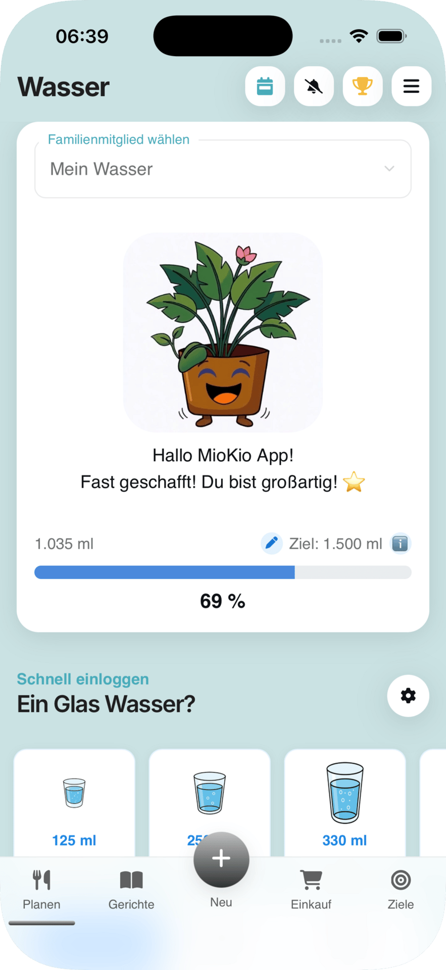 A mobile app screen for tracking water intake, showing a plant illustration, progress bar, goal, and quick add buttons for water glasses.